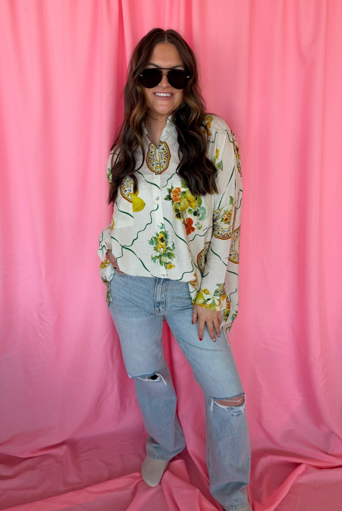 Entro Citrus Garden Button-Down Oversized Top - Tops