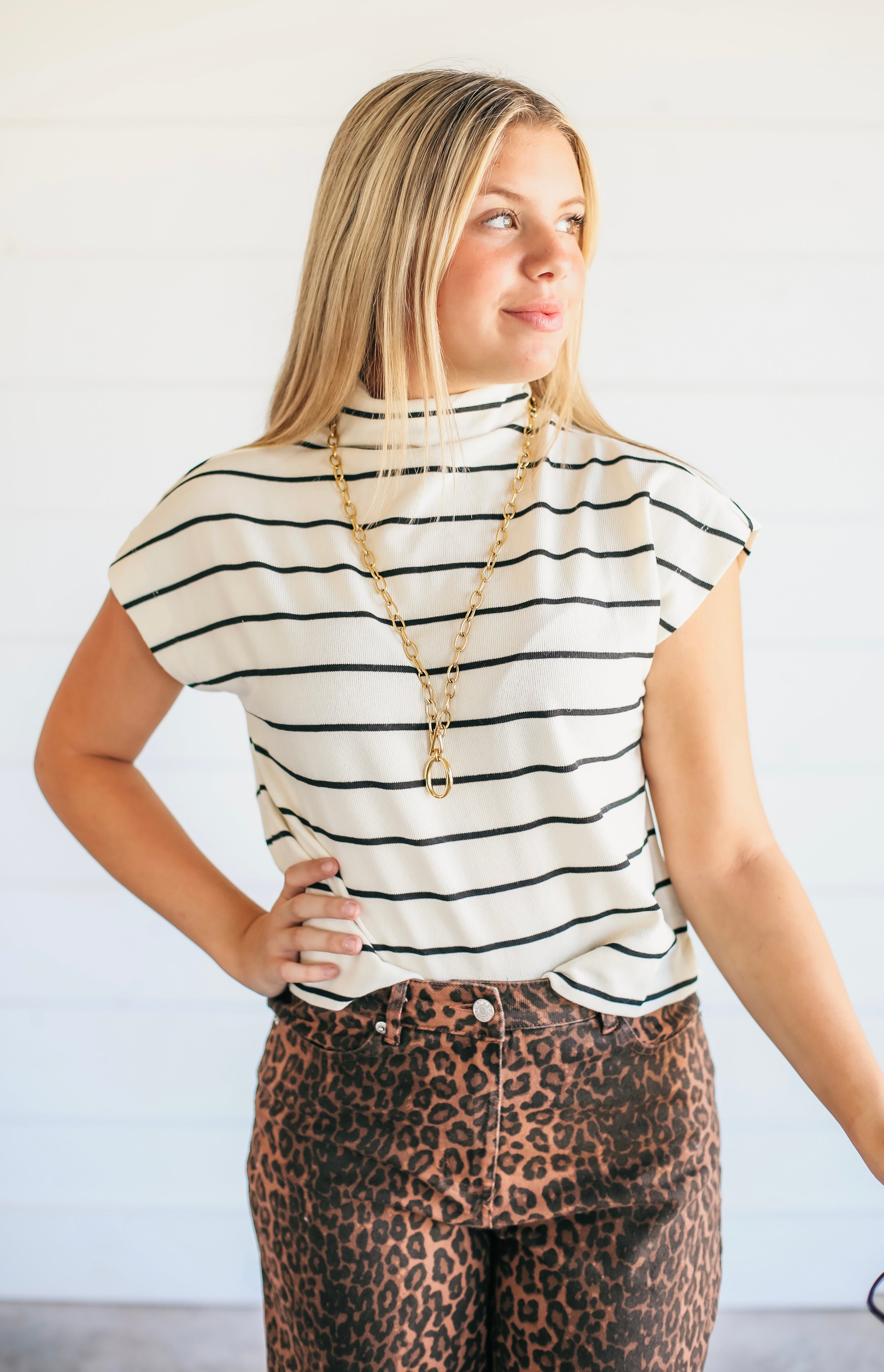CREAM AND BLACK STRIPE MOCK NECK TOP BY ENTRO - Tops