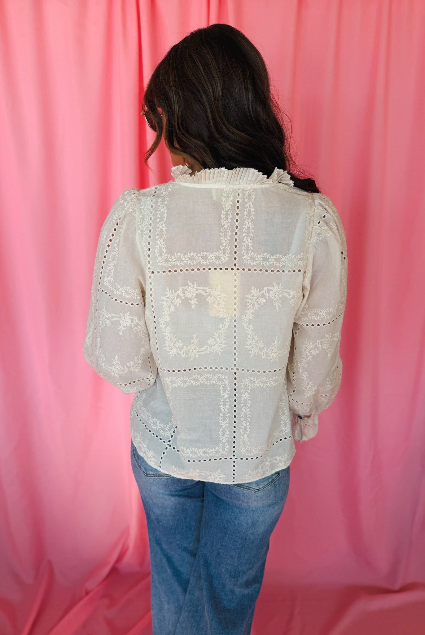 Entro Cream Eyelet Long Sleeve Blouse - Tops