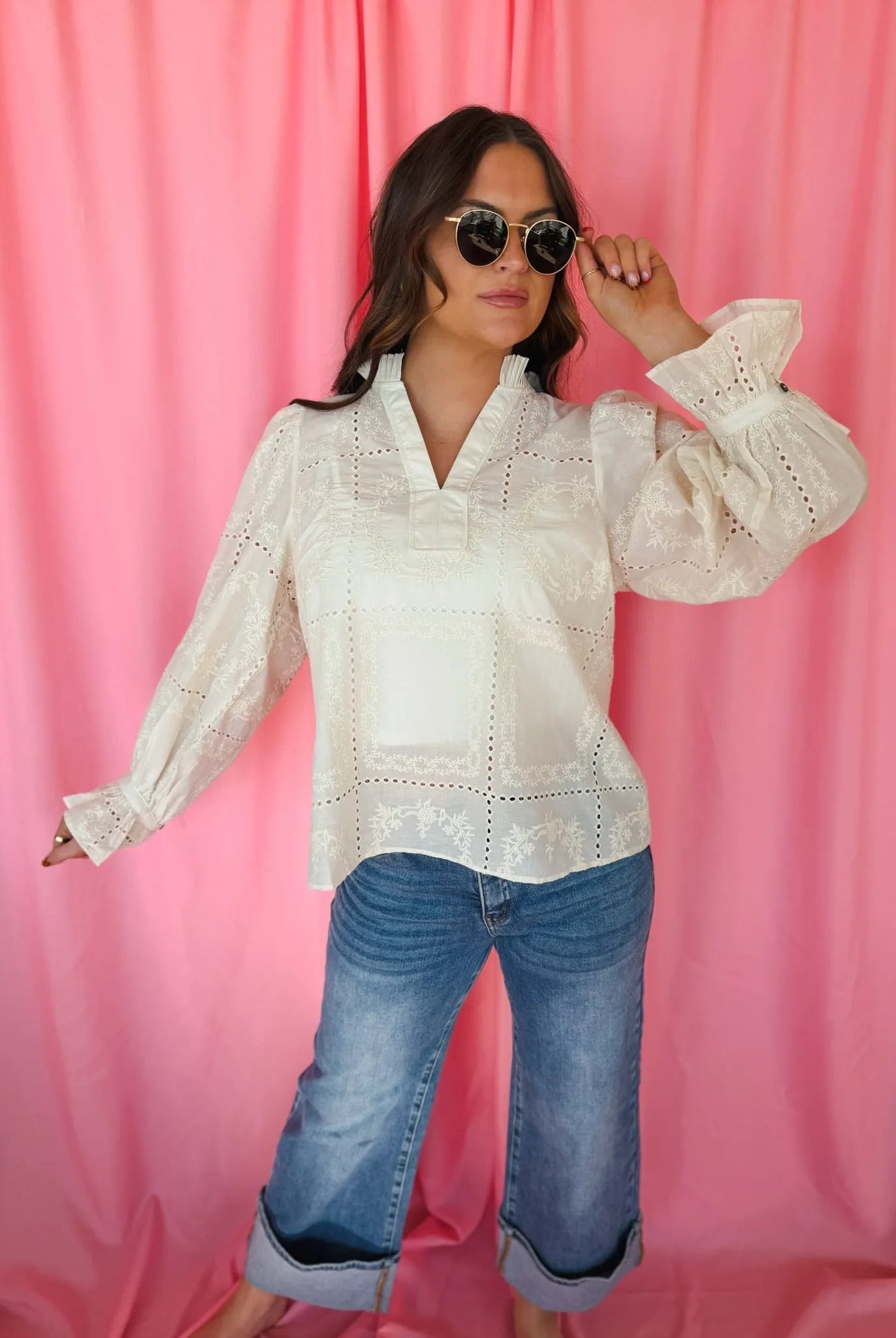 Entro Cream Eyelet Long Sleeve Blouse with intricate floral & geometric embroidery, ruffled V-neck collar & cuffs.