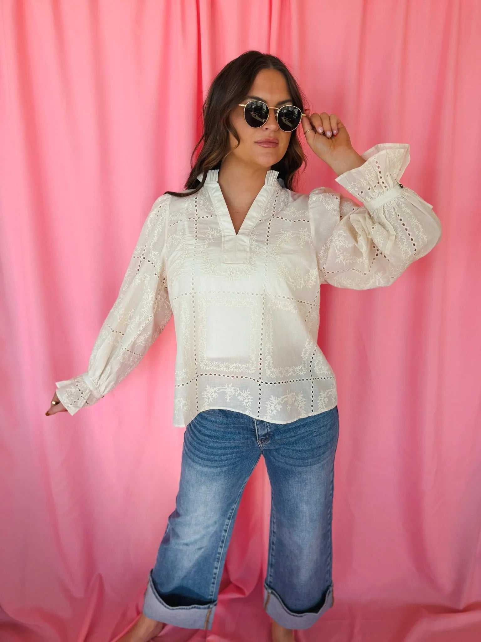 Entro Cream Eyelet Long Sleeve Blouse with intricate floral & geometric embroidery, ruffled V-neck collar & cuffs.