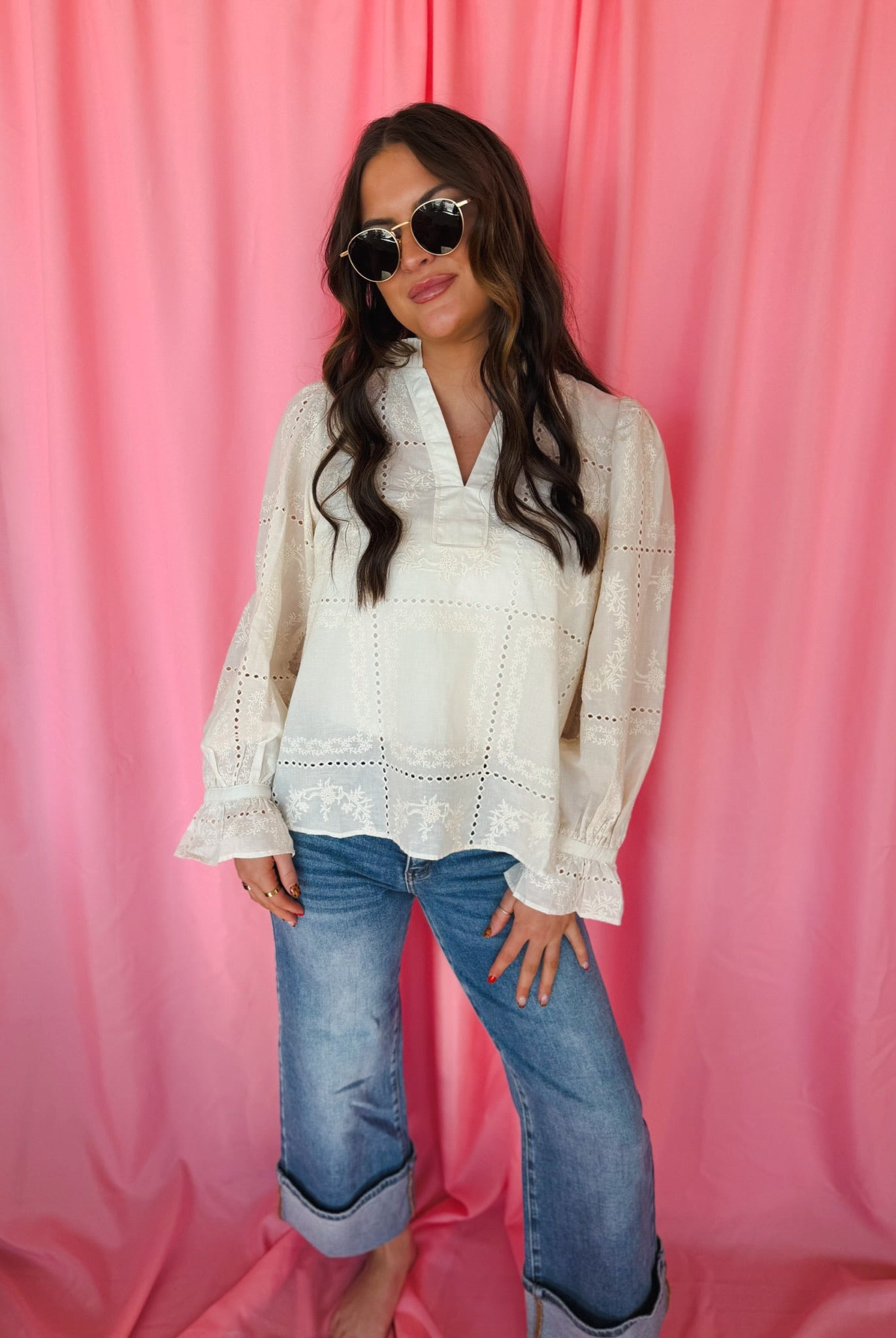 Entro Cream Eyelet Long Sleeve Blouse - Tops