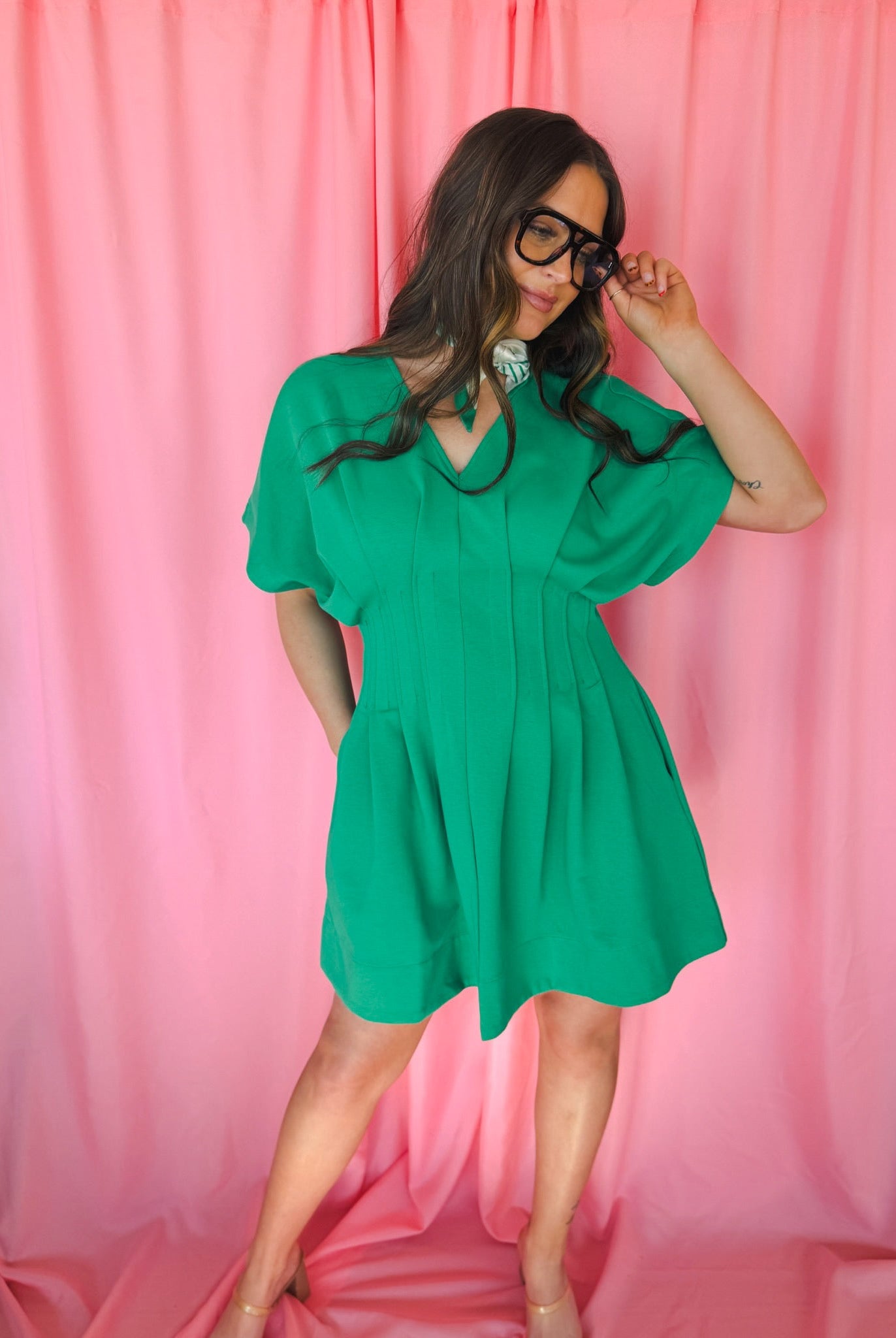 Entro Deep V-Neck Green Dress with Pockets - Dress