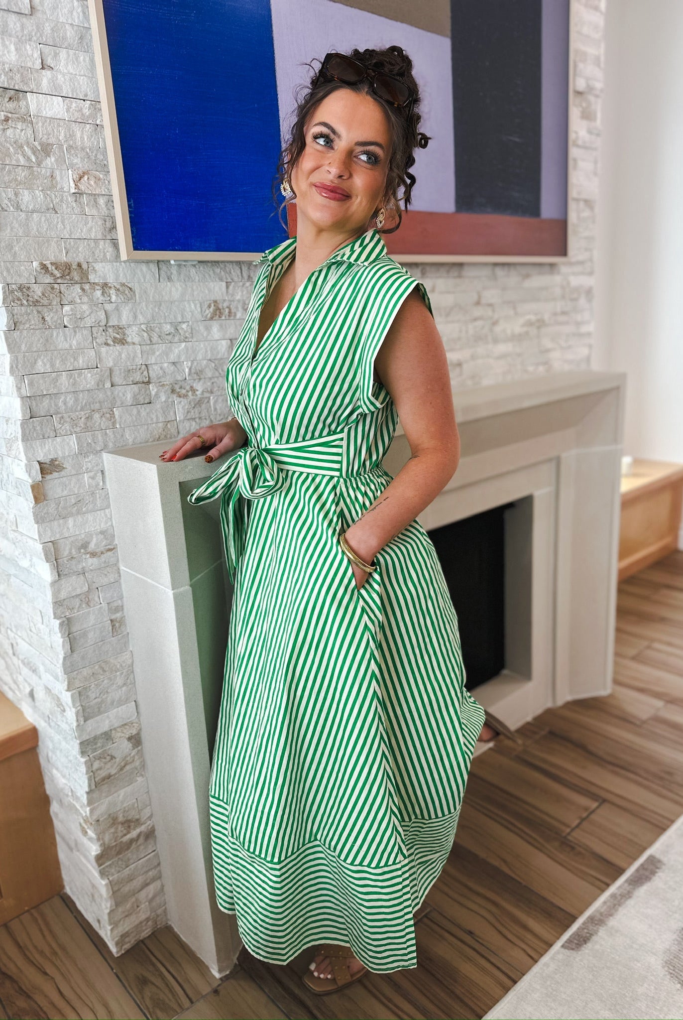 Entro Green & Cream Stripe Button Down Midi Dress - Dress