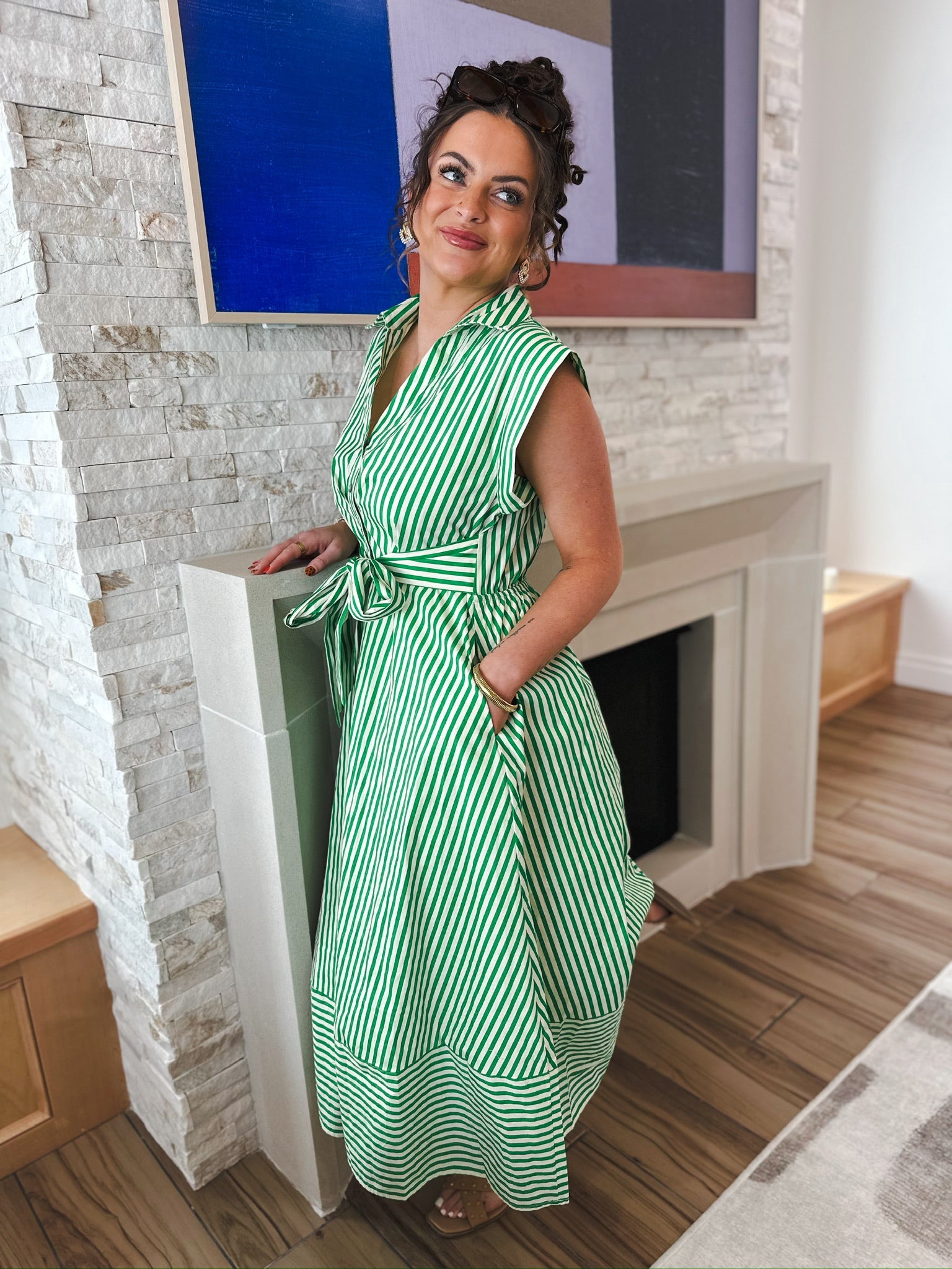 Entro Green & Cream Stripe Button Down Midi Dress - Dress