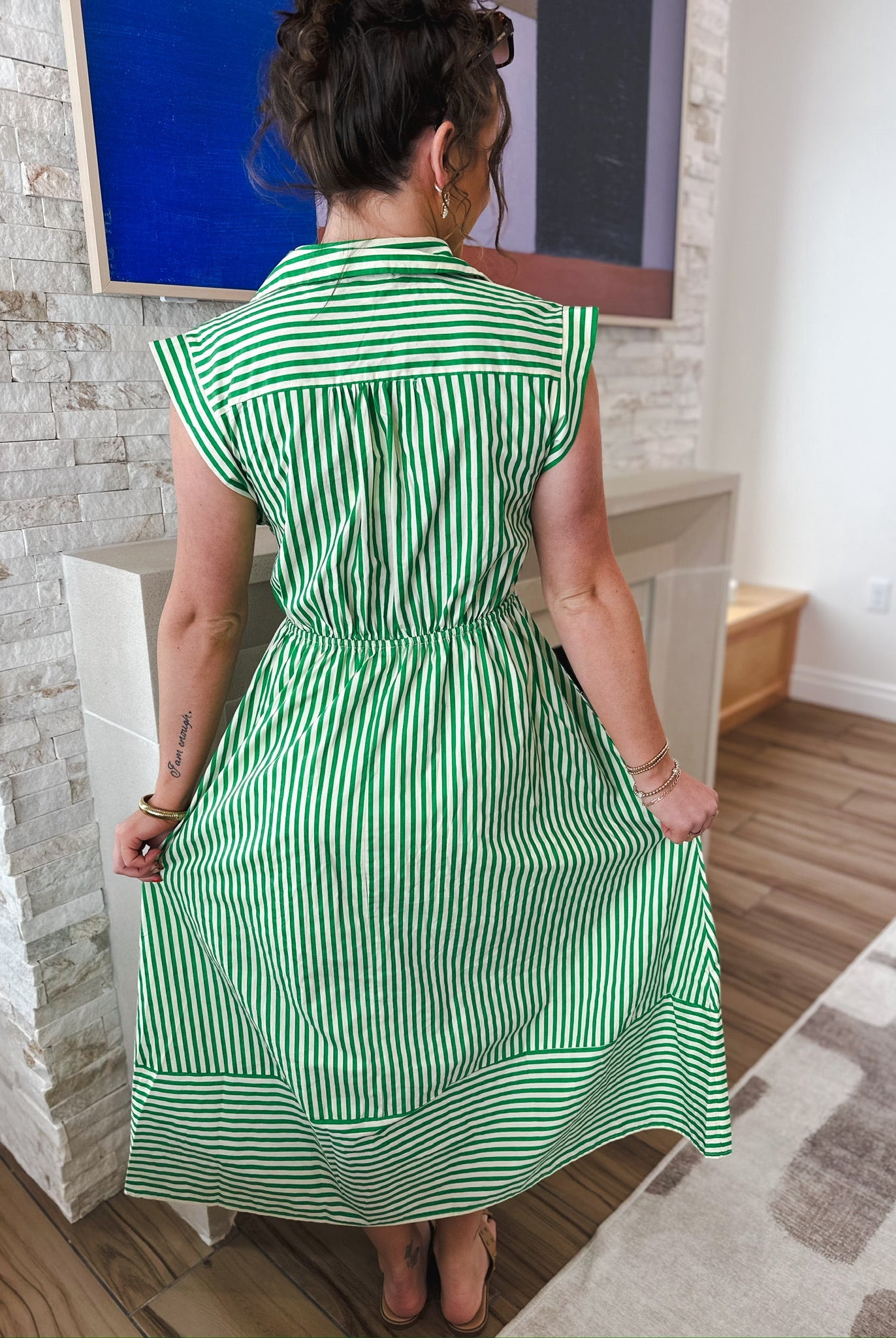 Entro Green & Cream Stripe Button Down Midi Dress - Dress