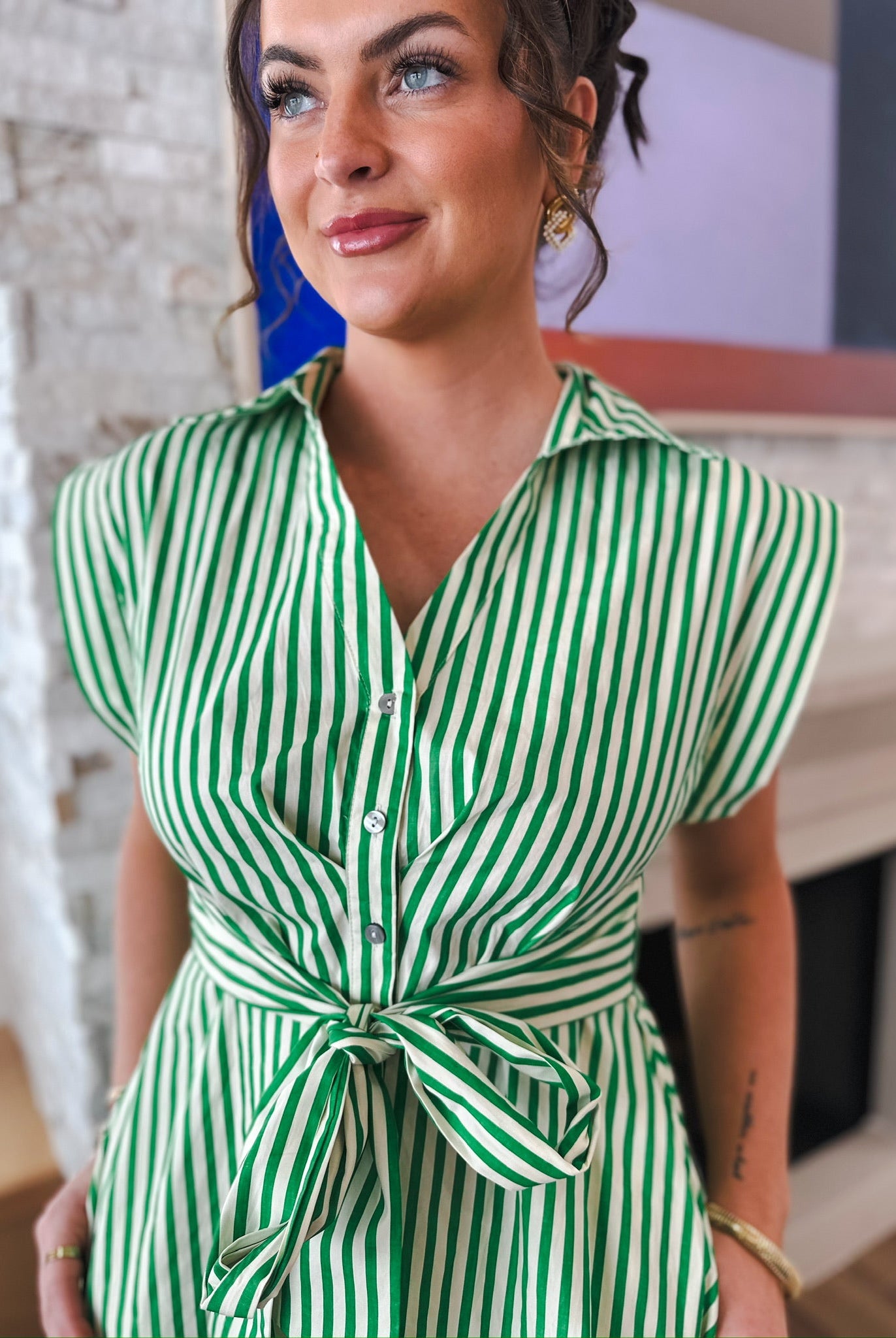 Entro Green & Cream Stripe Button Down Midi Dress - Dress