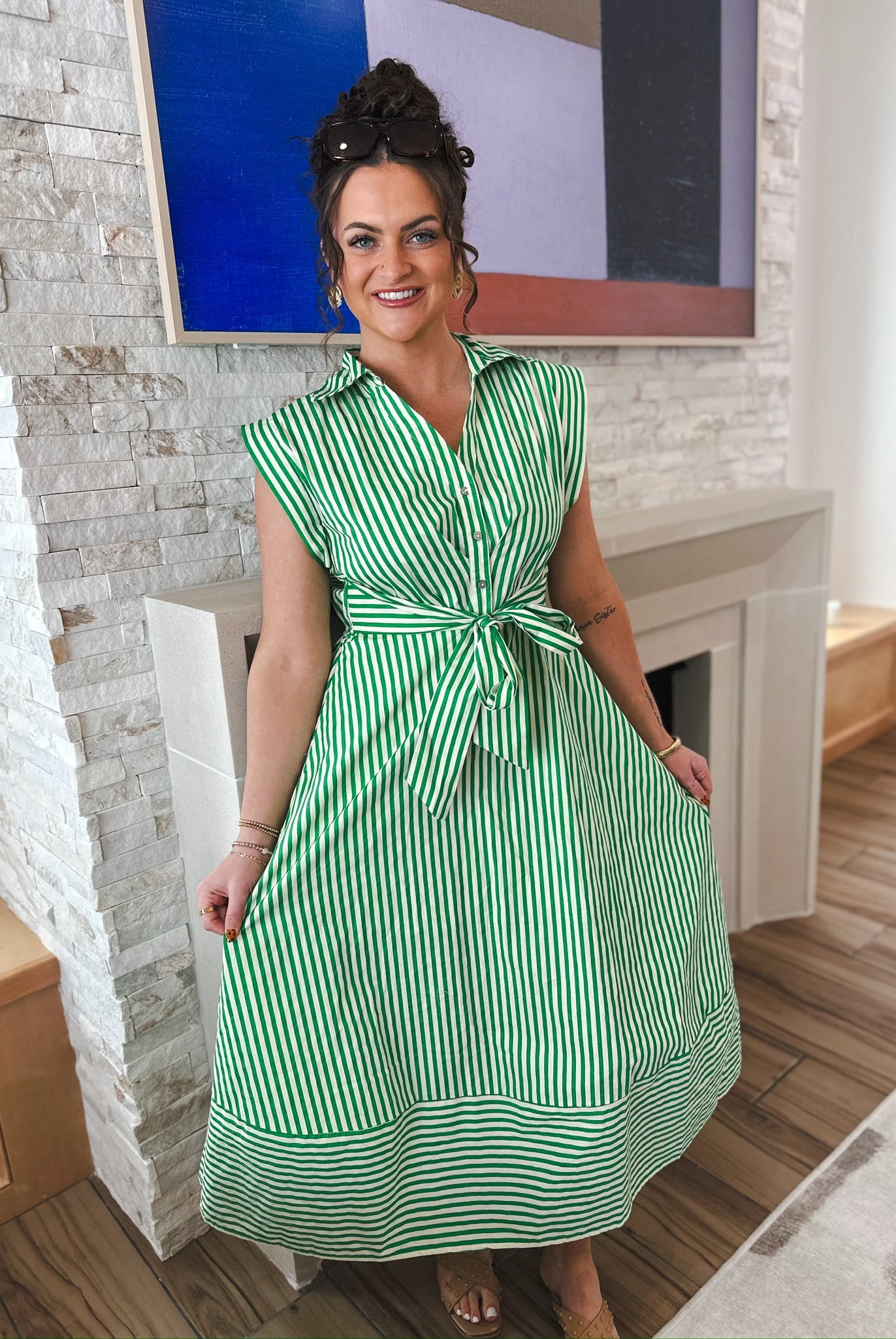 Entro Green & Cream Stripe Button Down Midi Dress - Dress