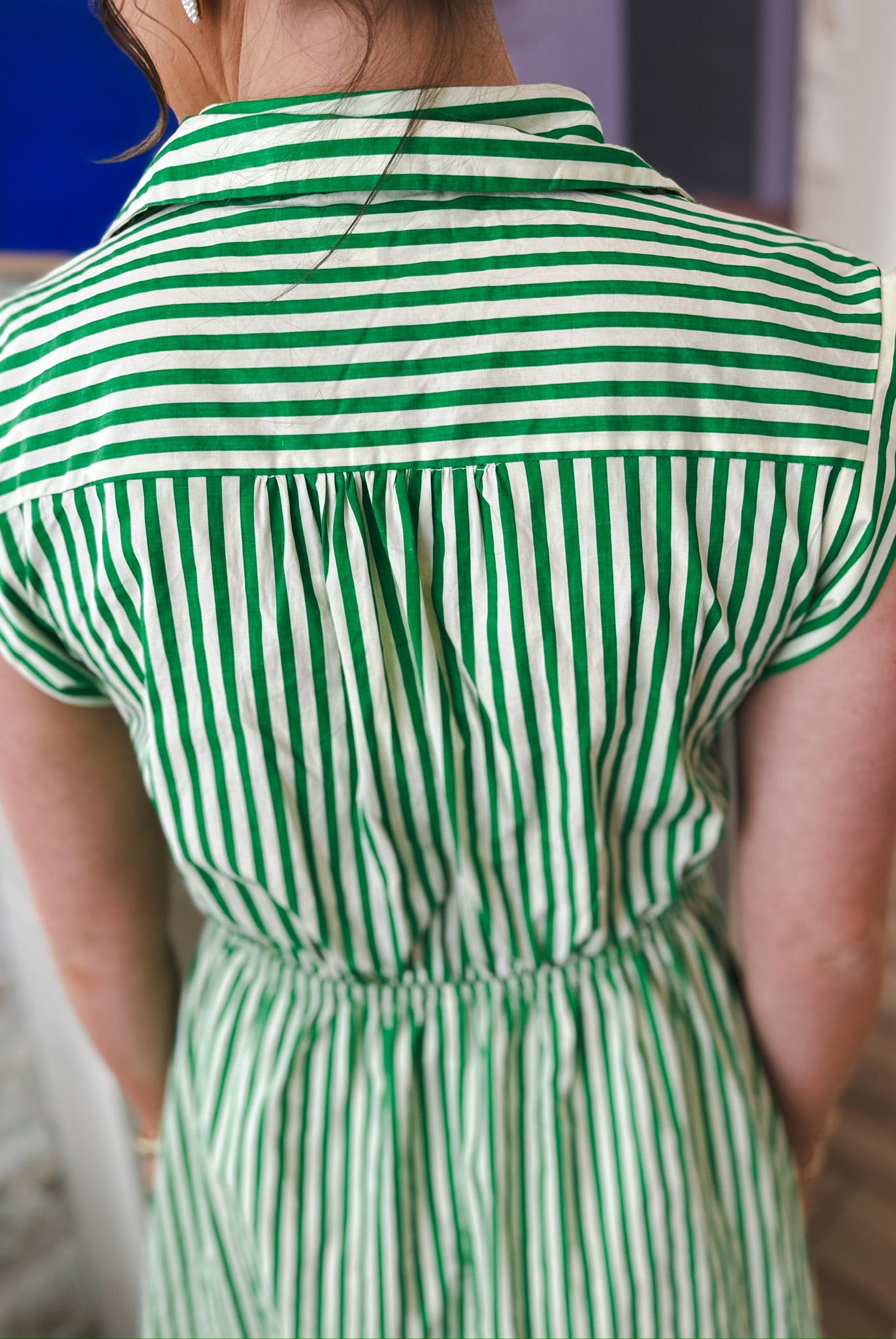 Entro Green & Cream Stripe Button Down Midi Dress - Dress