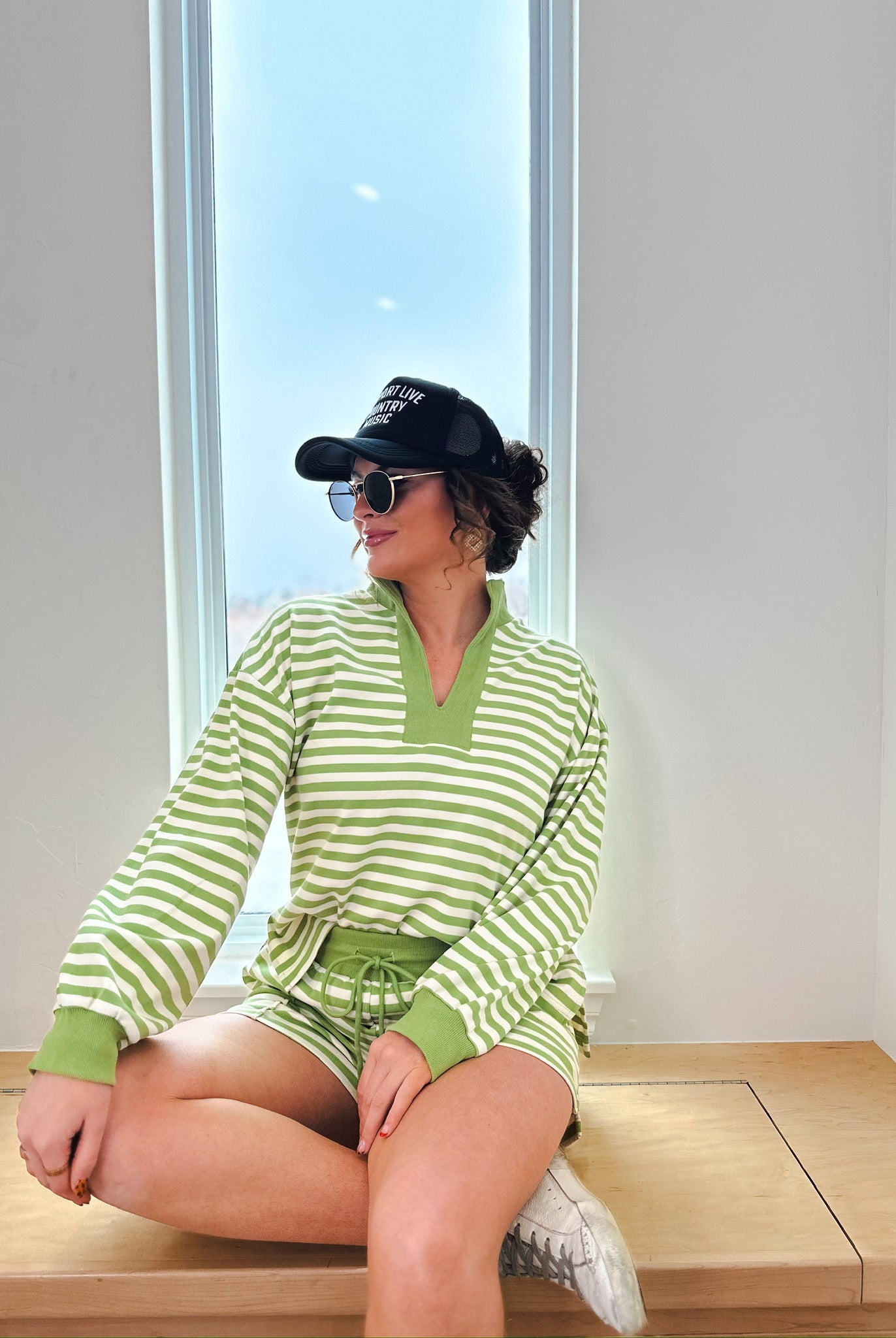 Entro Green Cream Striped Pullover Shorts Set - SET