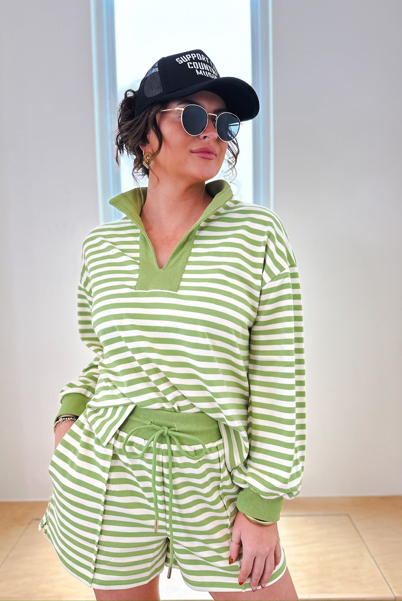 Entro Green Cream Striped Pullover Shorts Set - SET