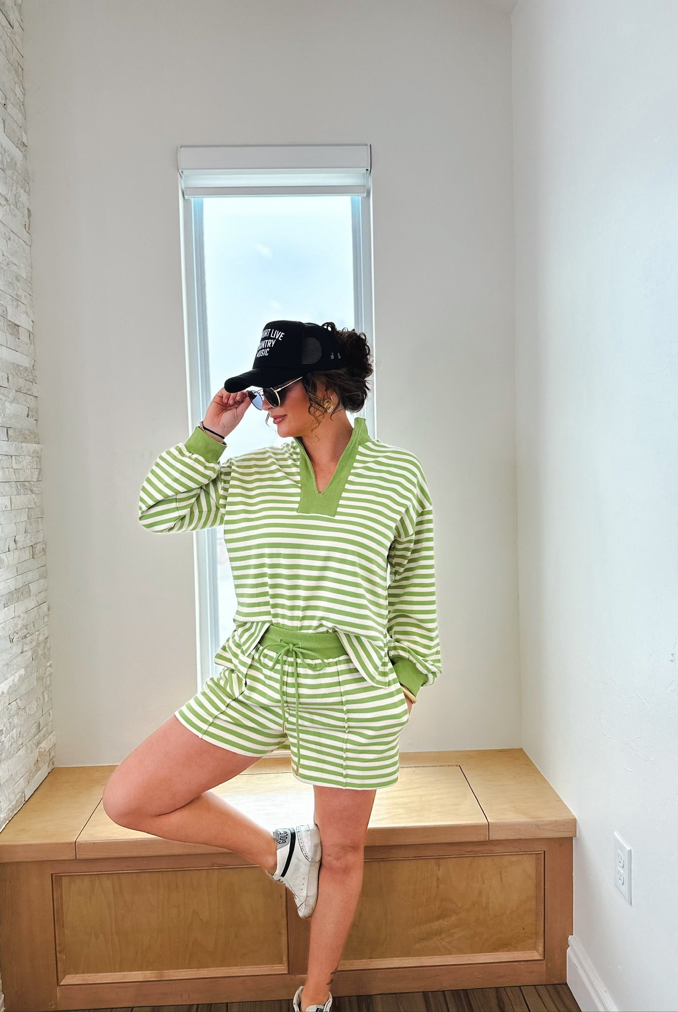 Entro Green Cream Striped Pullover Shorts Set - SET