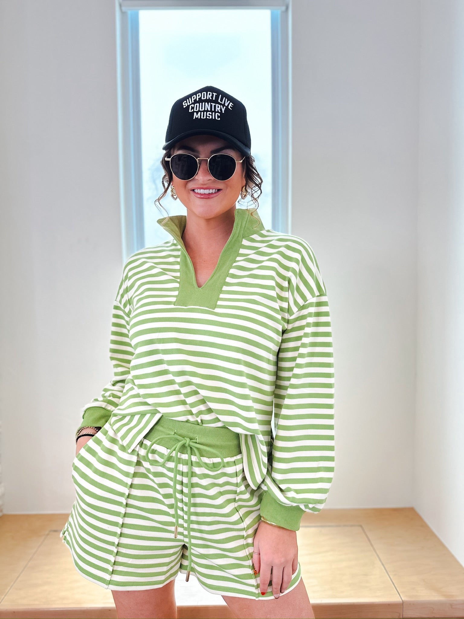 Entro Green Cream Striped Pullover Shorts Set - SET