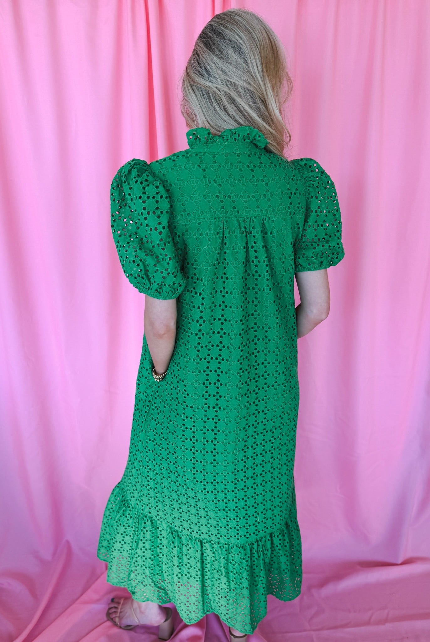 Entro Green Eyelet Puff Sleeve Midi Dress - Dress