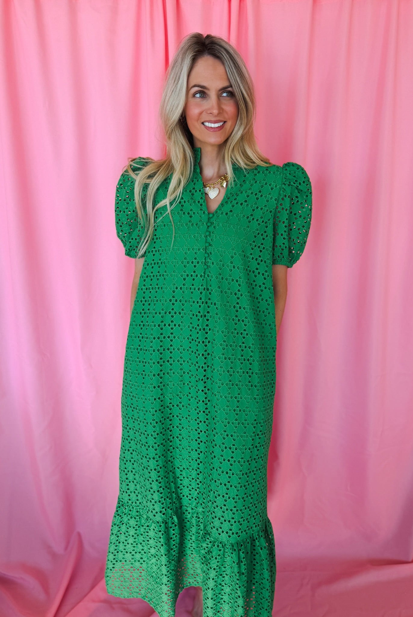 Entro Green Eyelet Puff Sleeve Midi Dress - Dress
