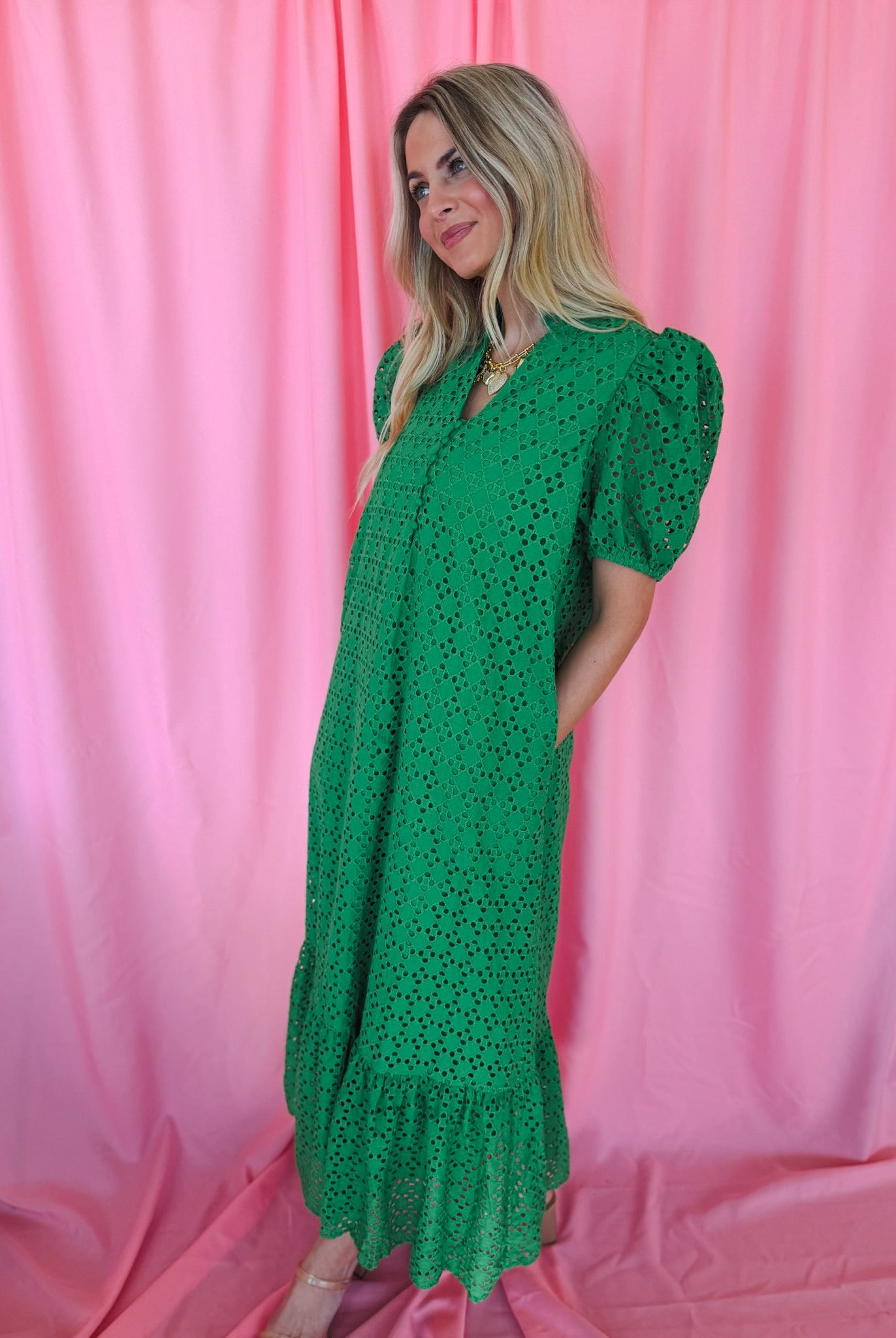 Entro Green Eyelet Puff Sleeve Midi Dress - Dress