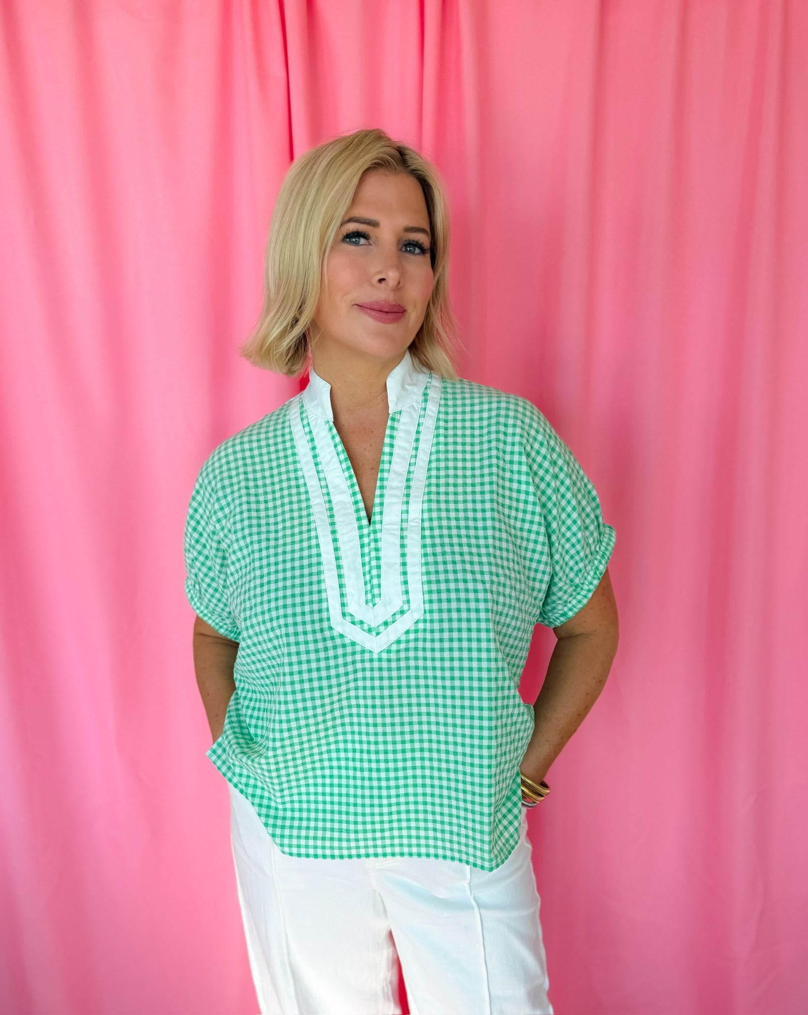 Entro Green Gingham Blouse - Tops