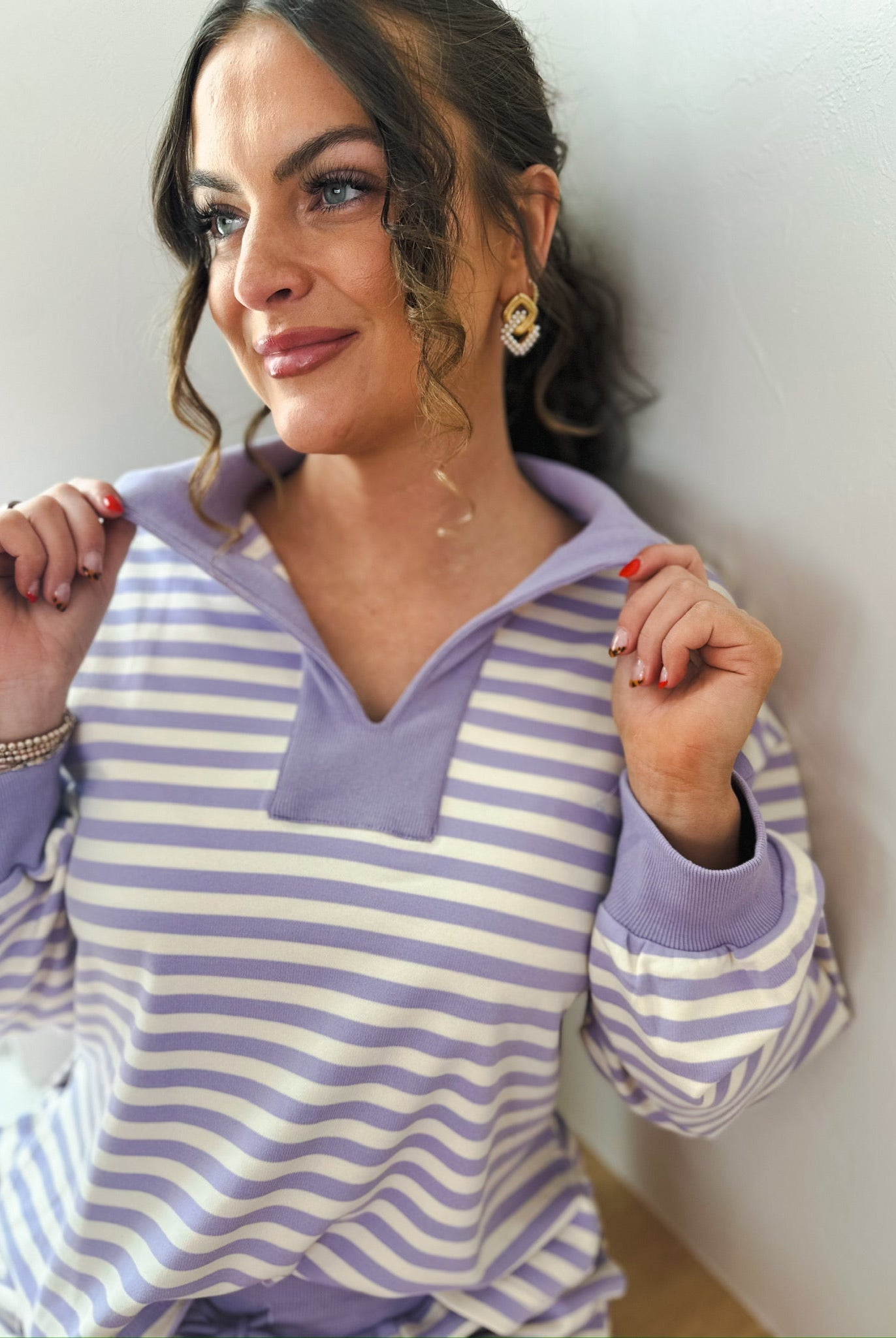 Entro Lavender Cream Striped Pullover and Shorts Set - SET