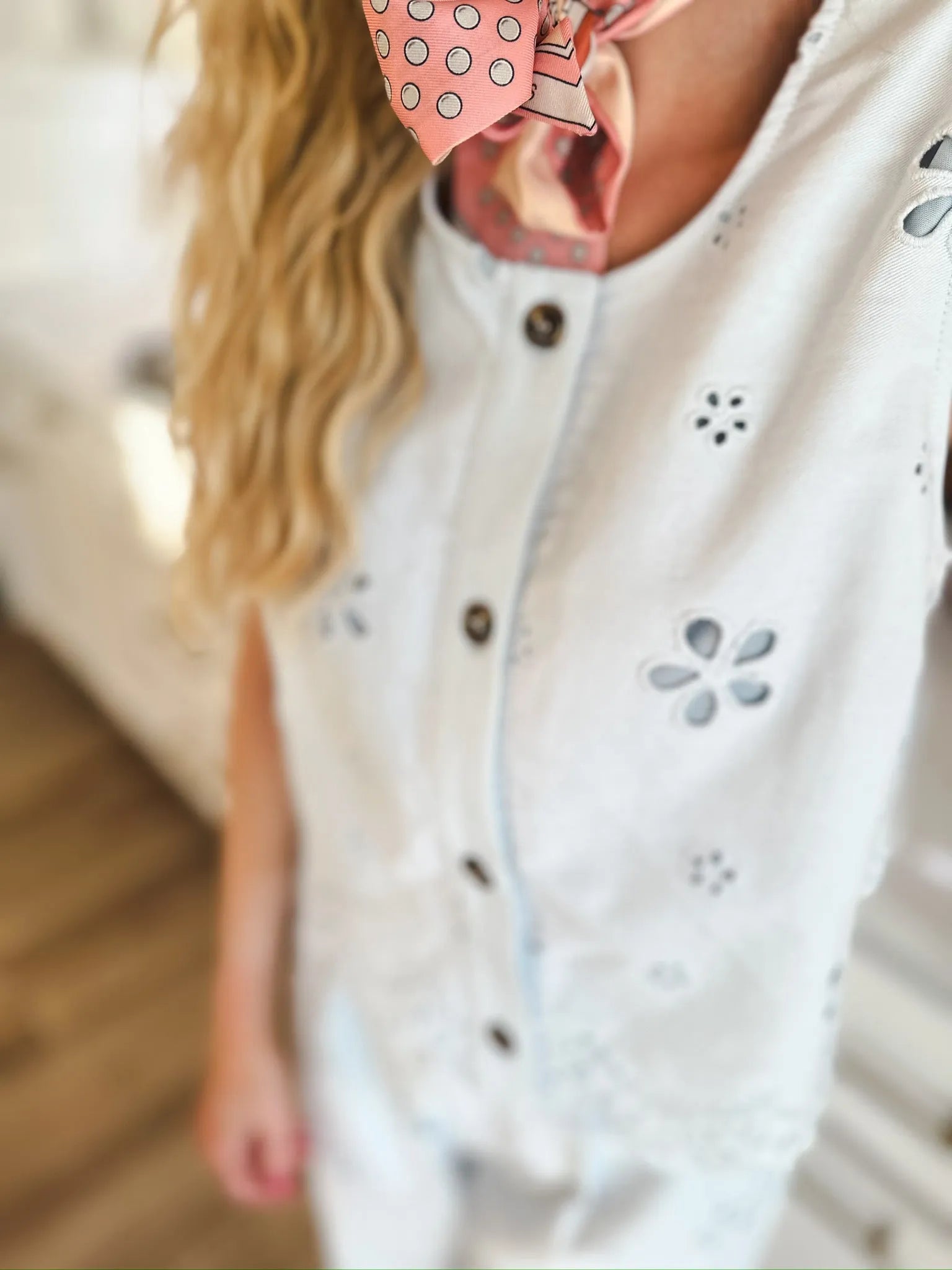 Entro light blue floral eyelet matching set featuring a button-down top with floral cutouts and brown buttons, accessorized