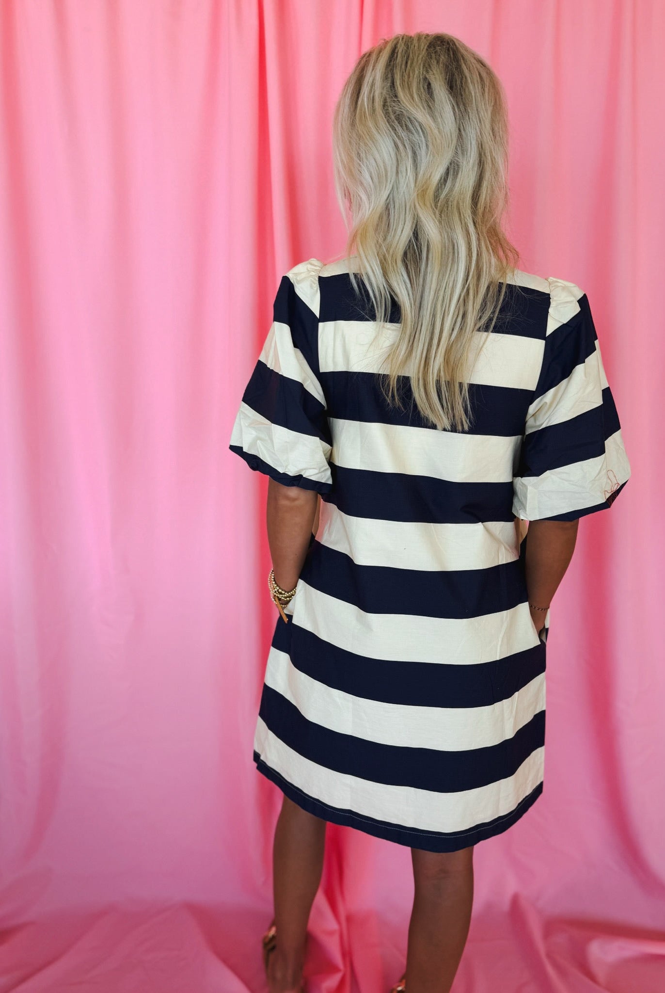 Entro Navy Cream Striped Button-Front Puff Sleeve Bonnie Dress - Dress