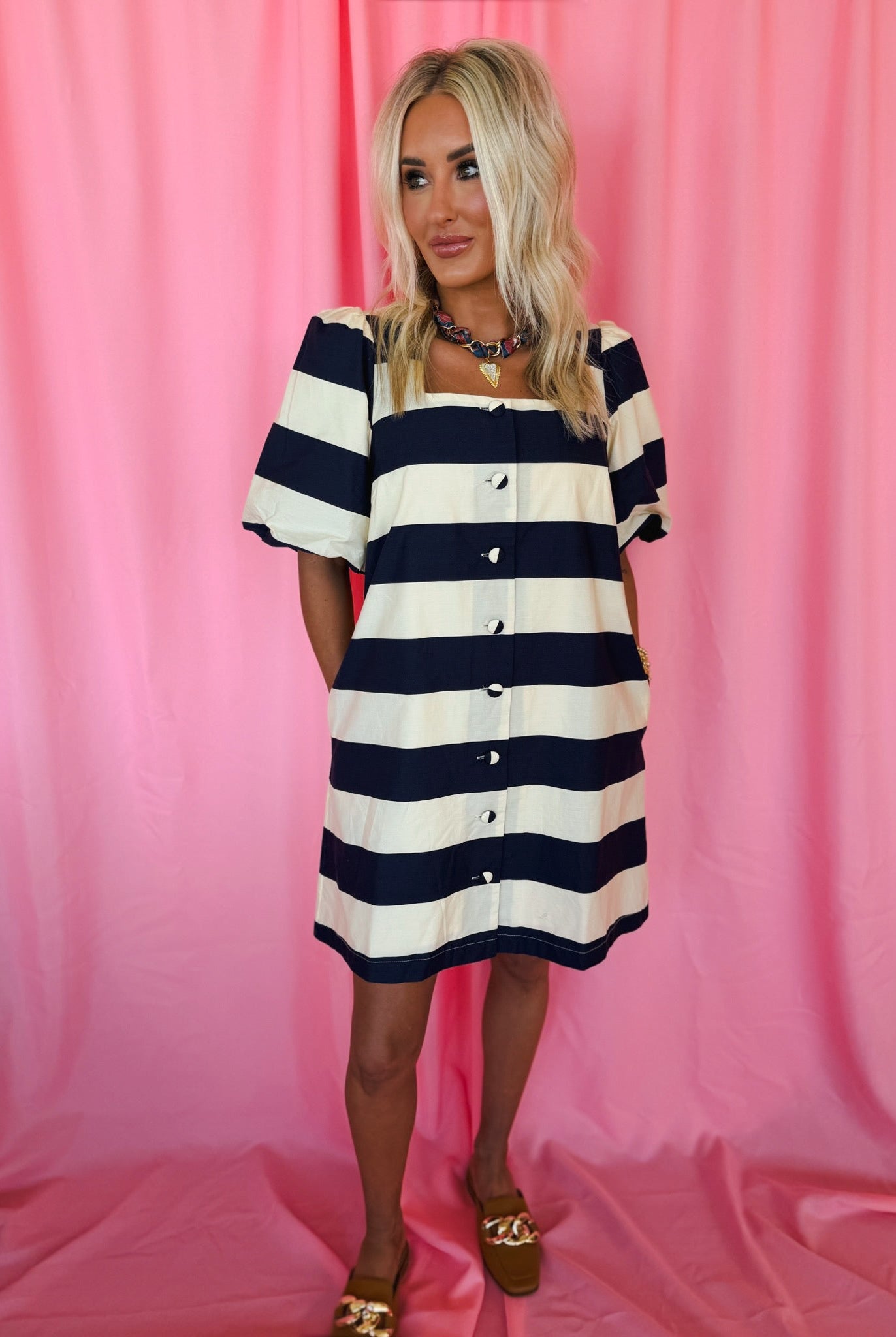 Entro Navy Cream Striped Button-Front Puff Sleeve Bonnie Dress - Dress