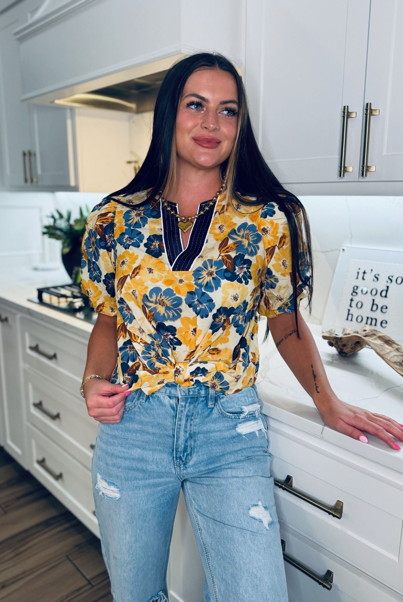 ENTRO GOLD AND BLUE FLORAL PRINT TOP WITH TIE - Tops