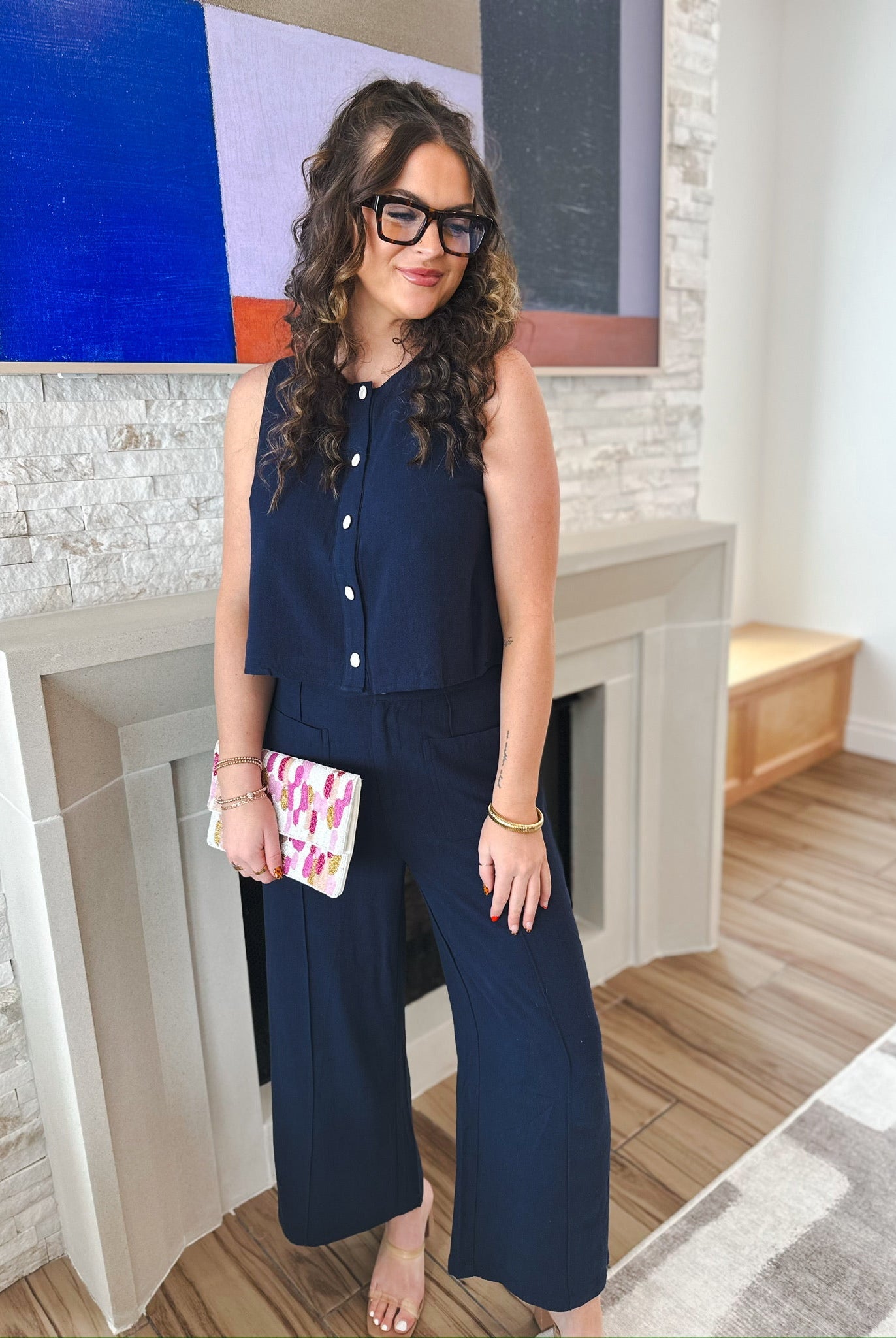 Entro Navy Sleeveless Button Down Blouse - Tops