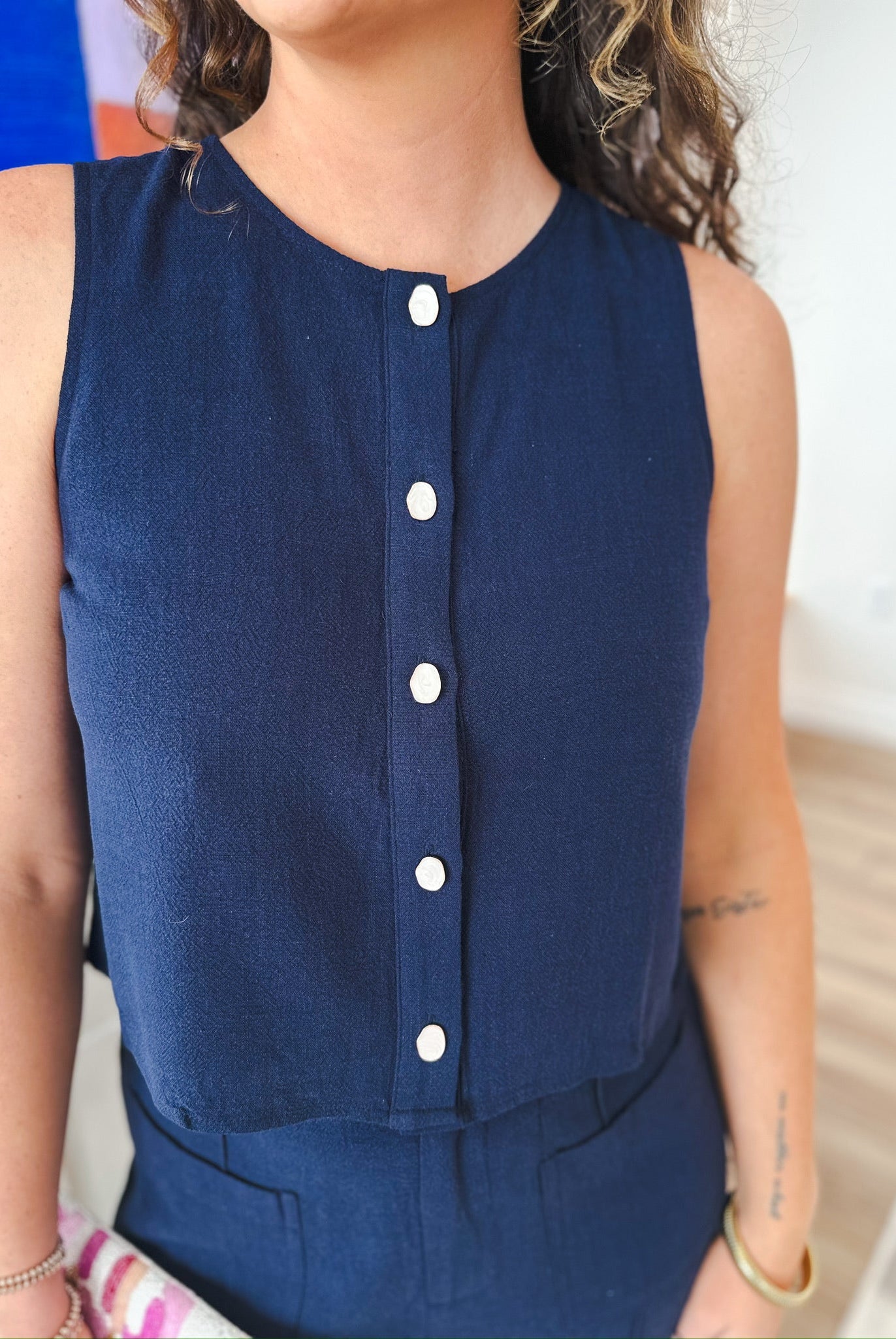 Entro Navy Sleeveless Button Down Blouse - Tops