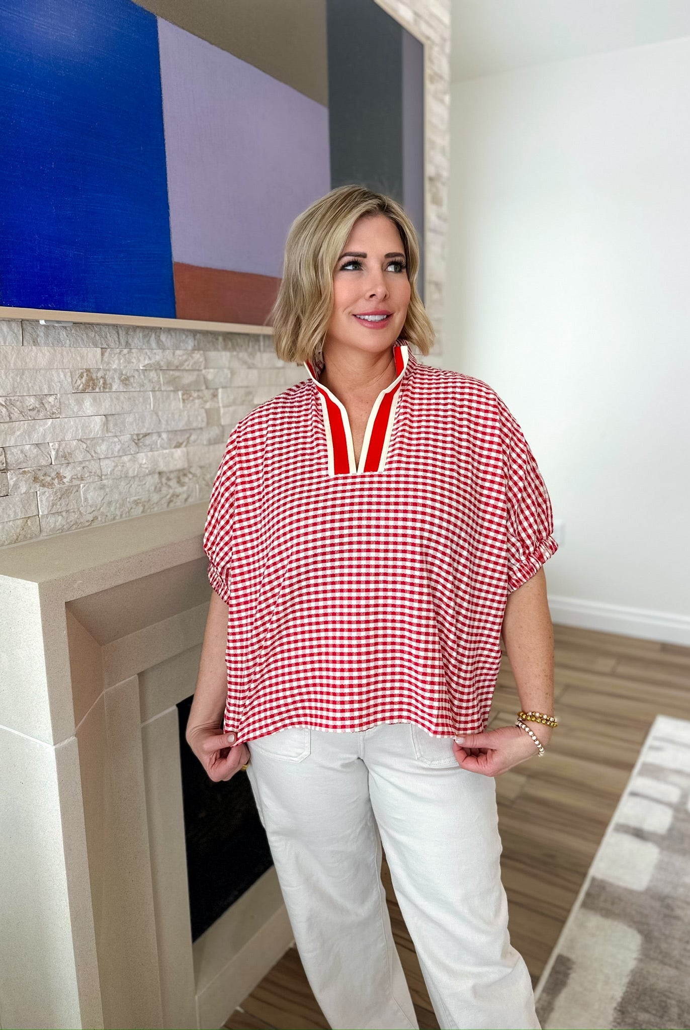 Entro Red Gingham Deep V-Neck Blouse - Tops