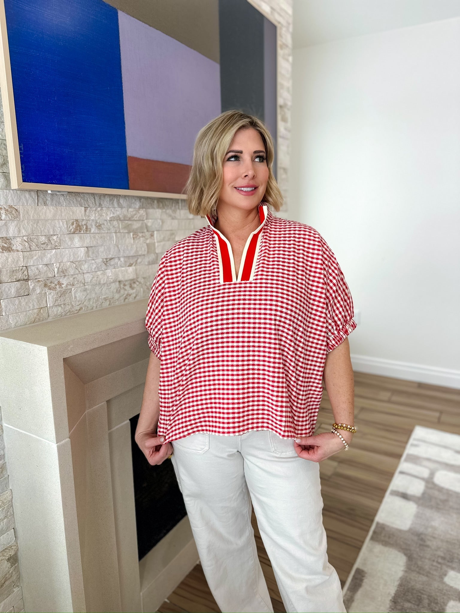 Entro Red Gingham Deep V-Neck Blouse - Tops