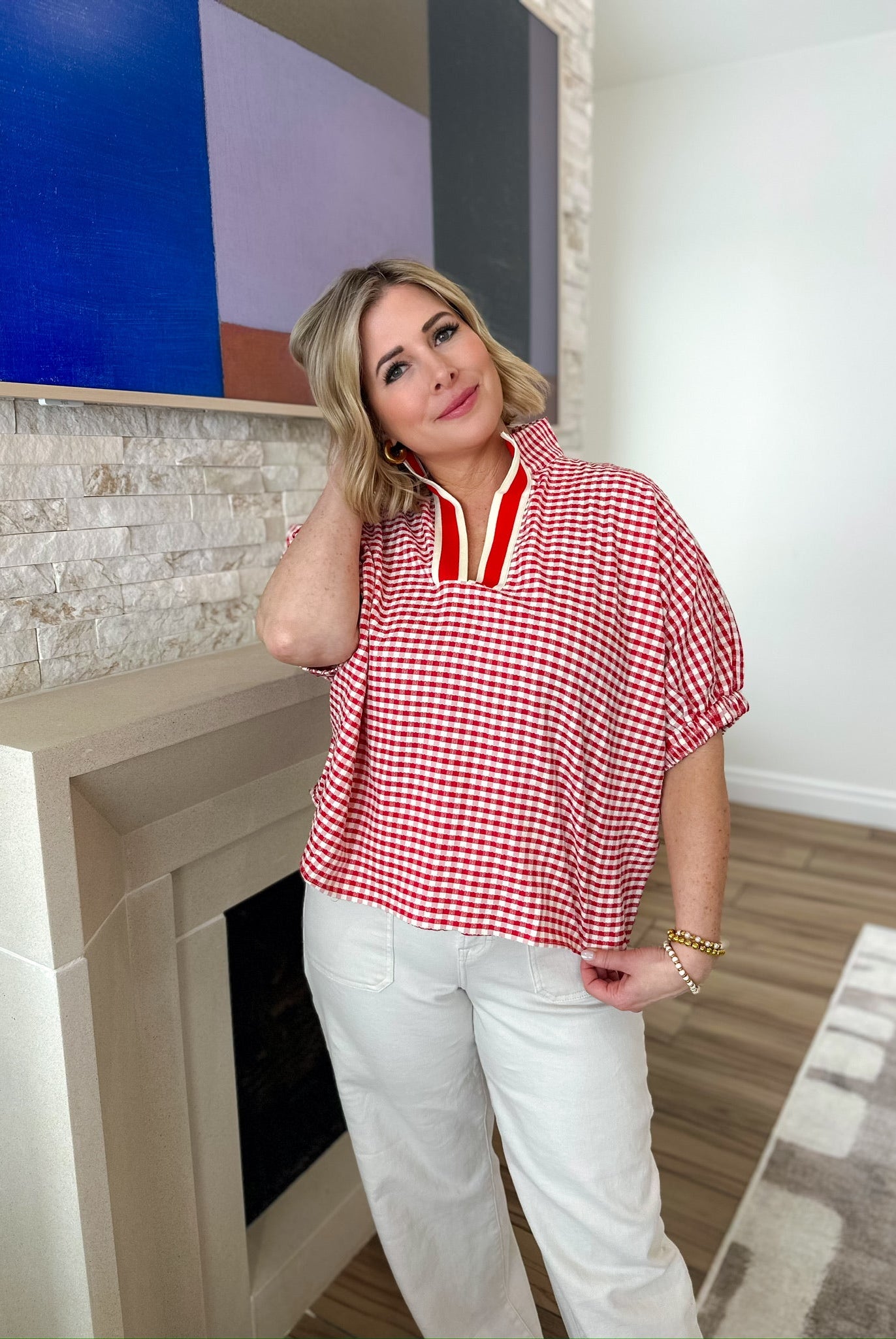 Entro Red Gingham Deep V-Neck Blouse - Tops