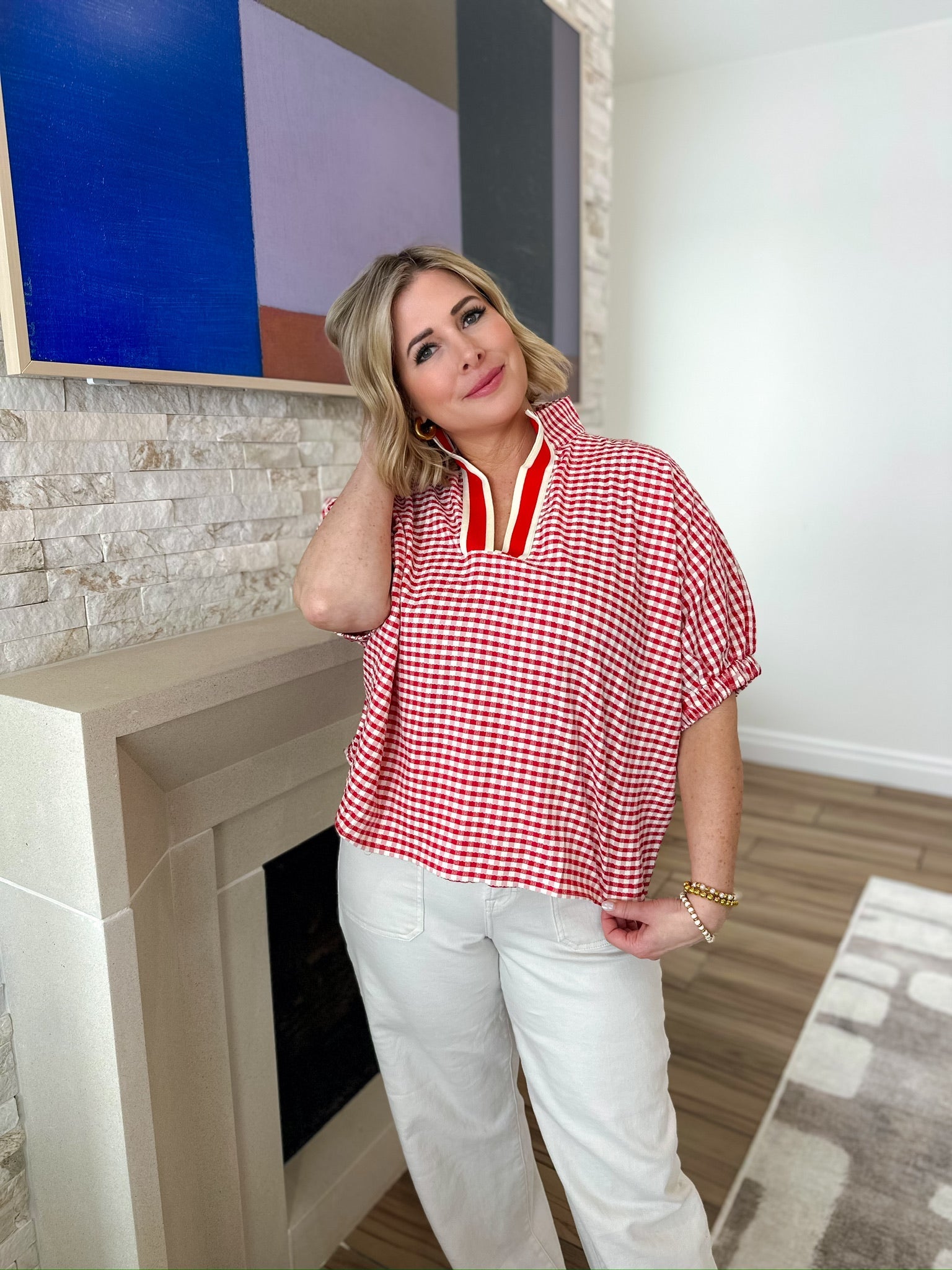 Entro Red Gingham Deep V-Neck Blouse - Tops