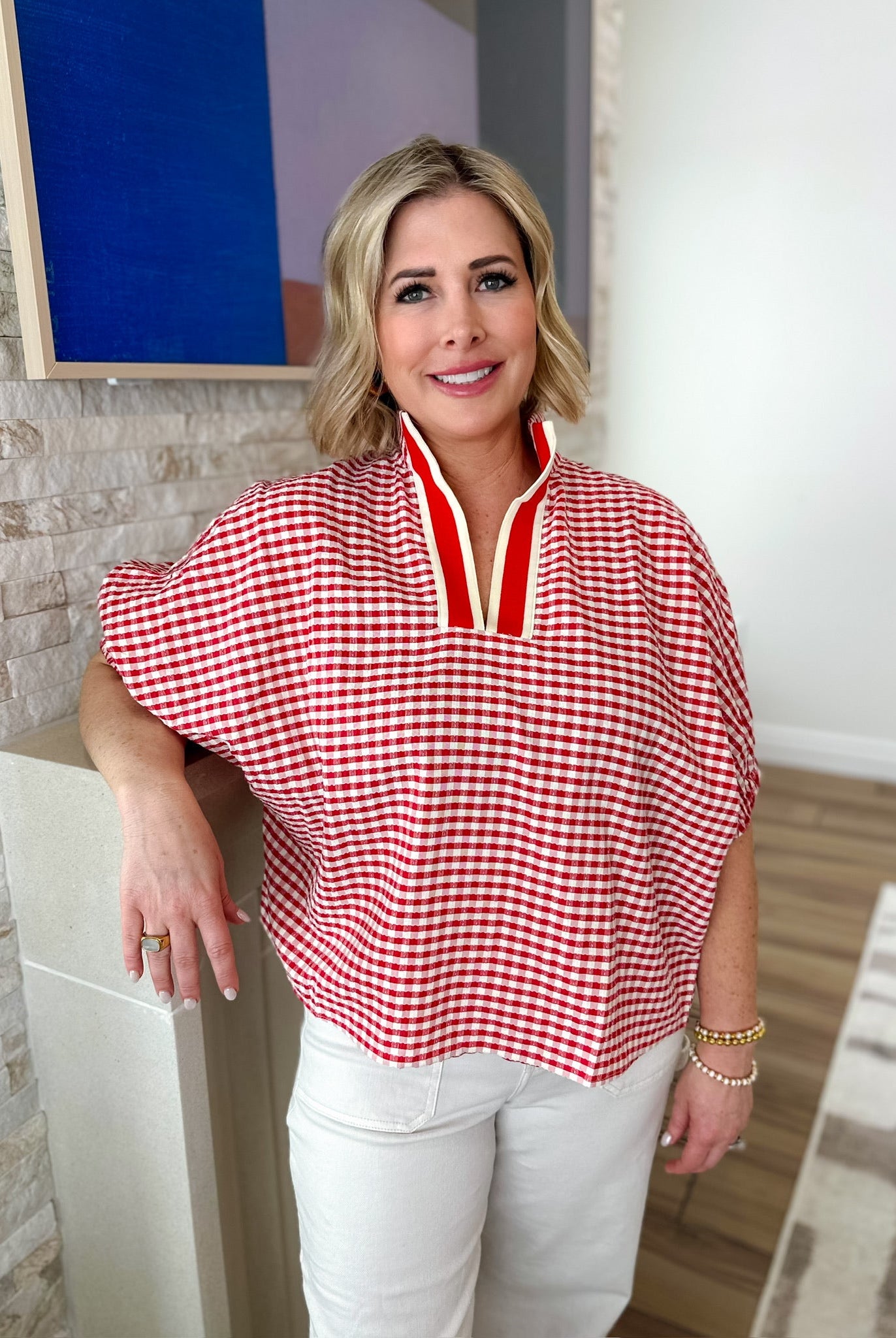 Entro Red Gingham Deep V-Neck Blouse - Tops