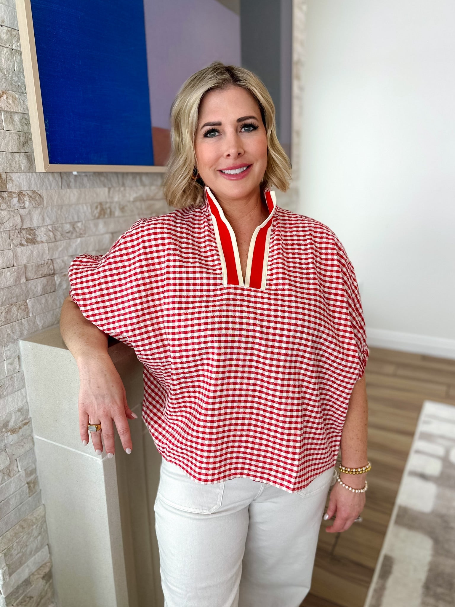 Entro Red Gingham Deep V-Neck Blouse - Tops