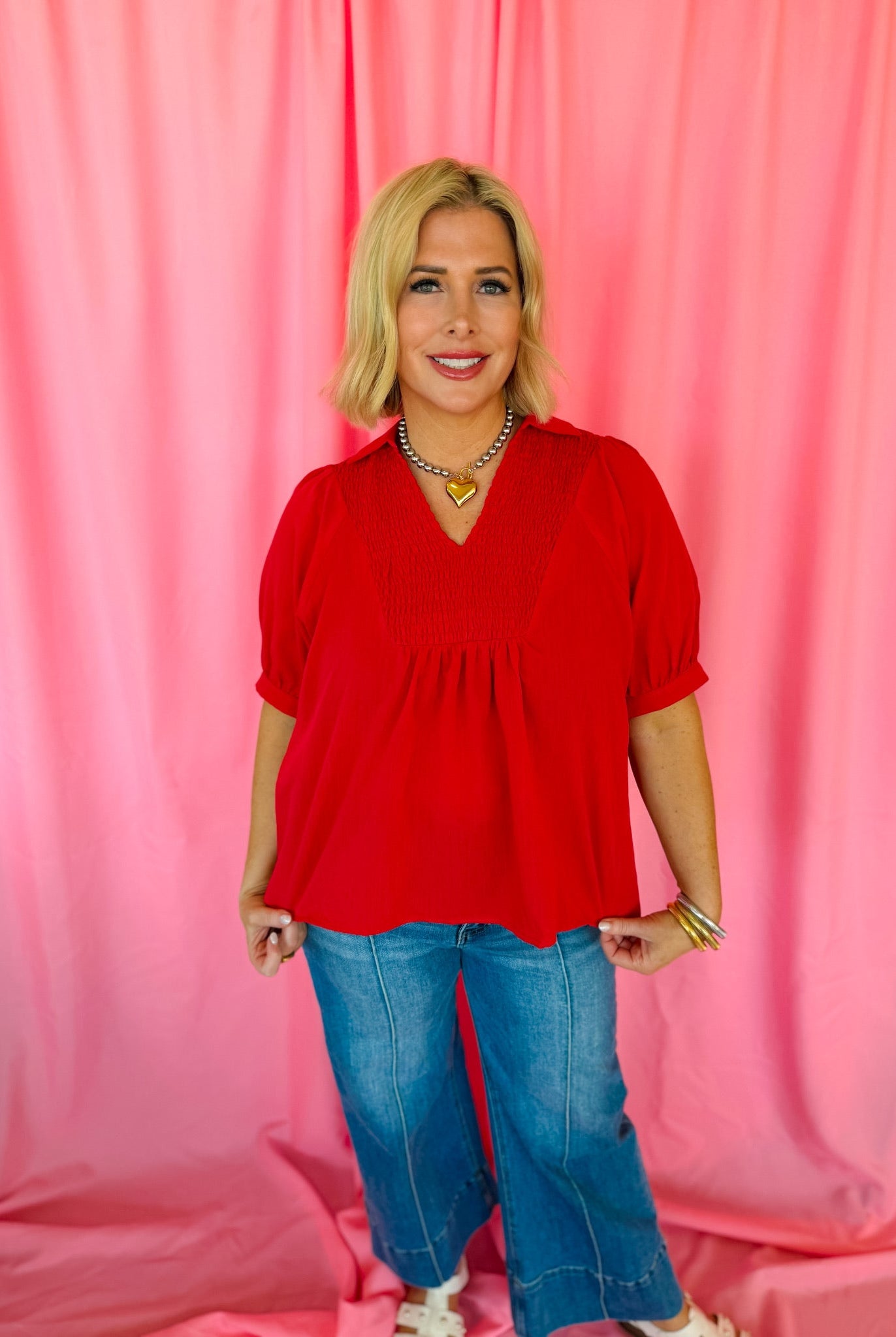 Entro Red Smocked V Neck Blouse - Tops