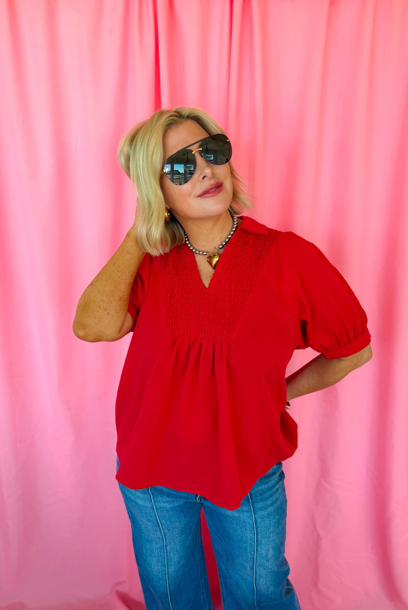 Entro Red Smocked V Neck Blouse - Tops