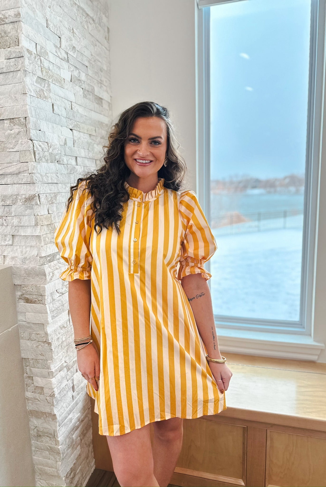 Yellow Striped Ruffle Neck Cotton Dress - Dress