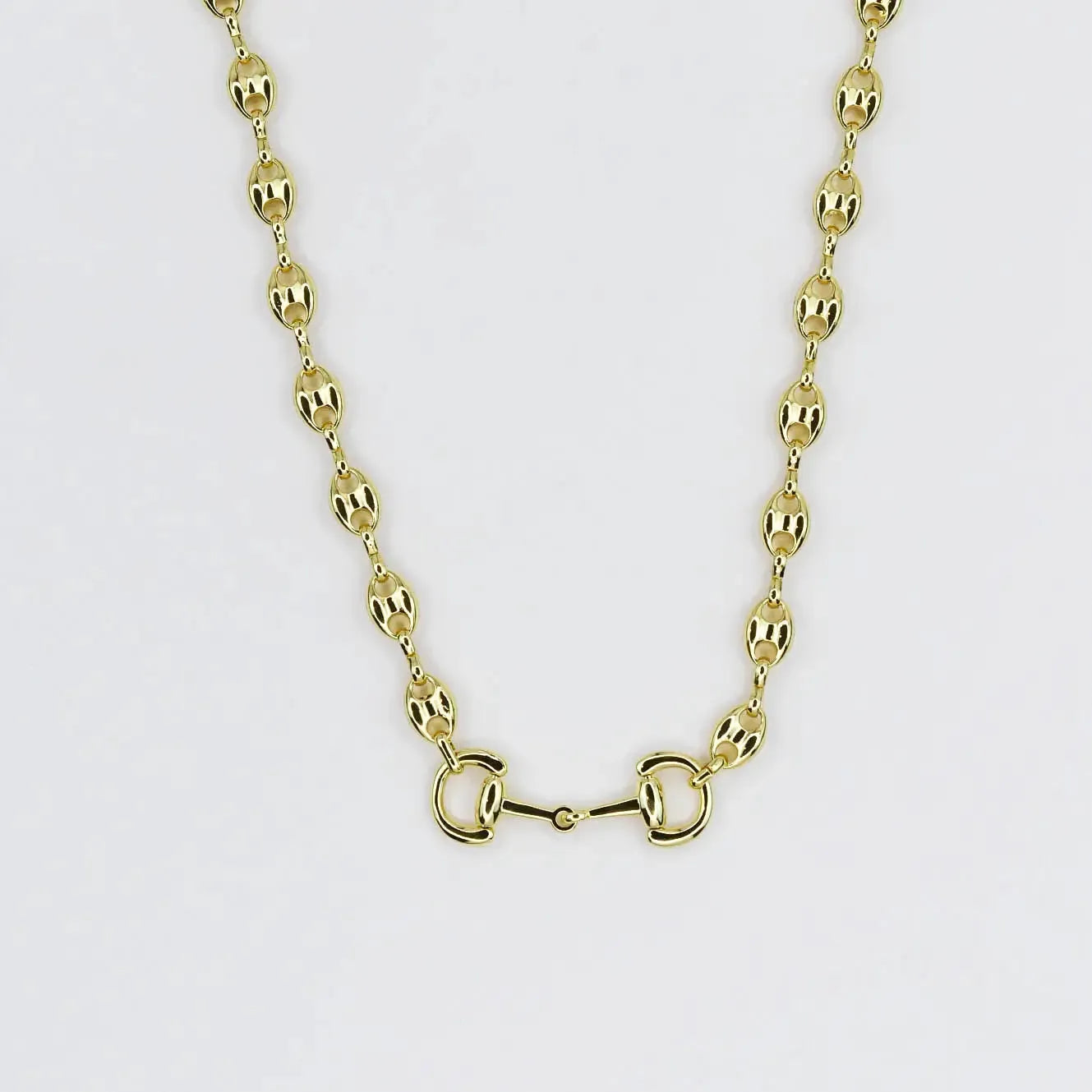 Gold equestrian chic necklace with horse bit clasp and oval link chain, against a white background.