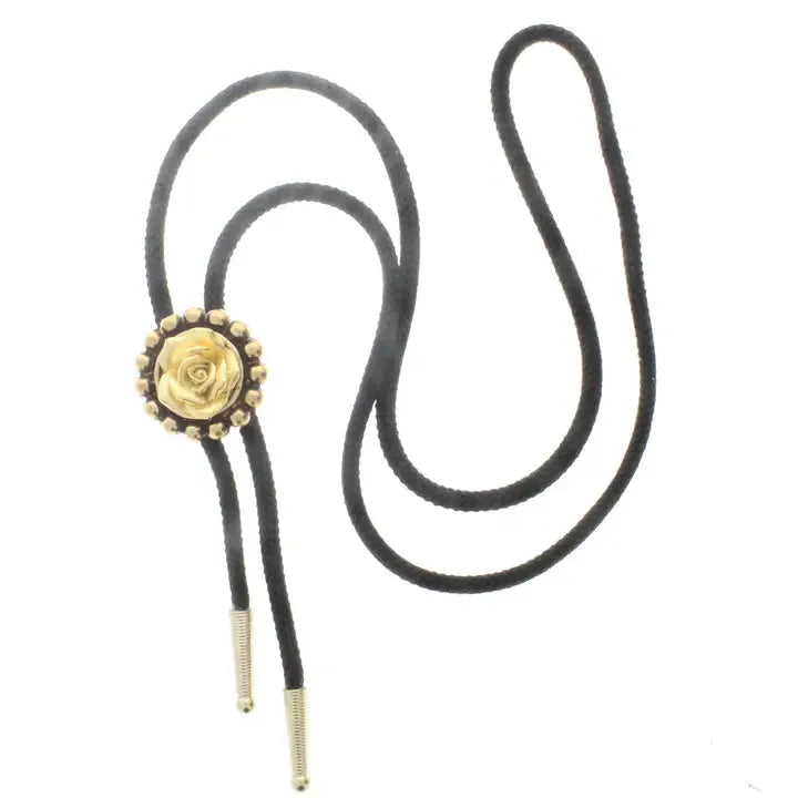 Gold rose bud bolo necklace with a black cord and gold tips.