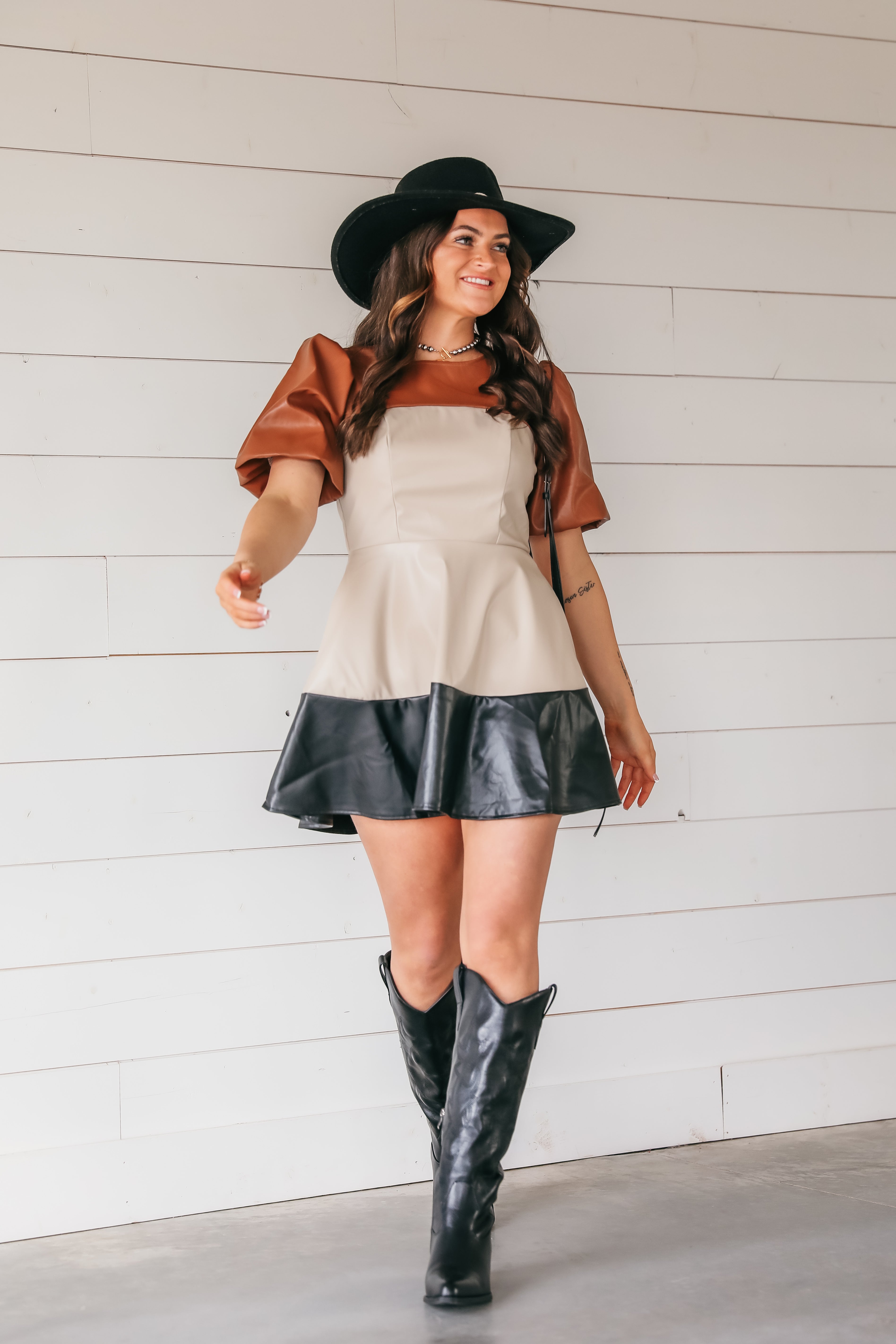 PUFF SLEEVE TIERED MINI DRESS- FAUX LEATHER - Dress