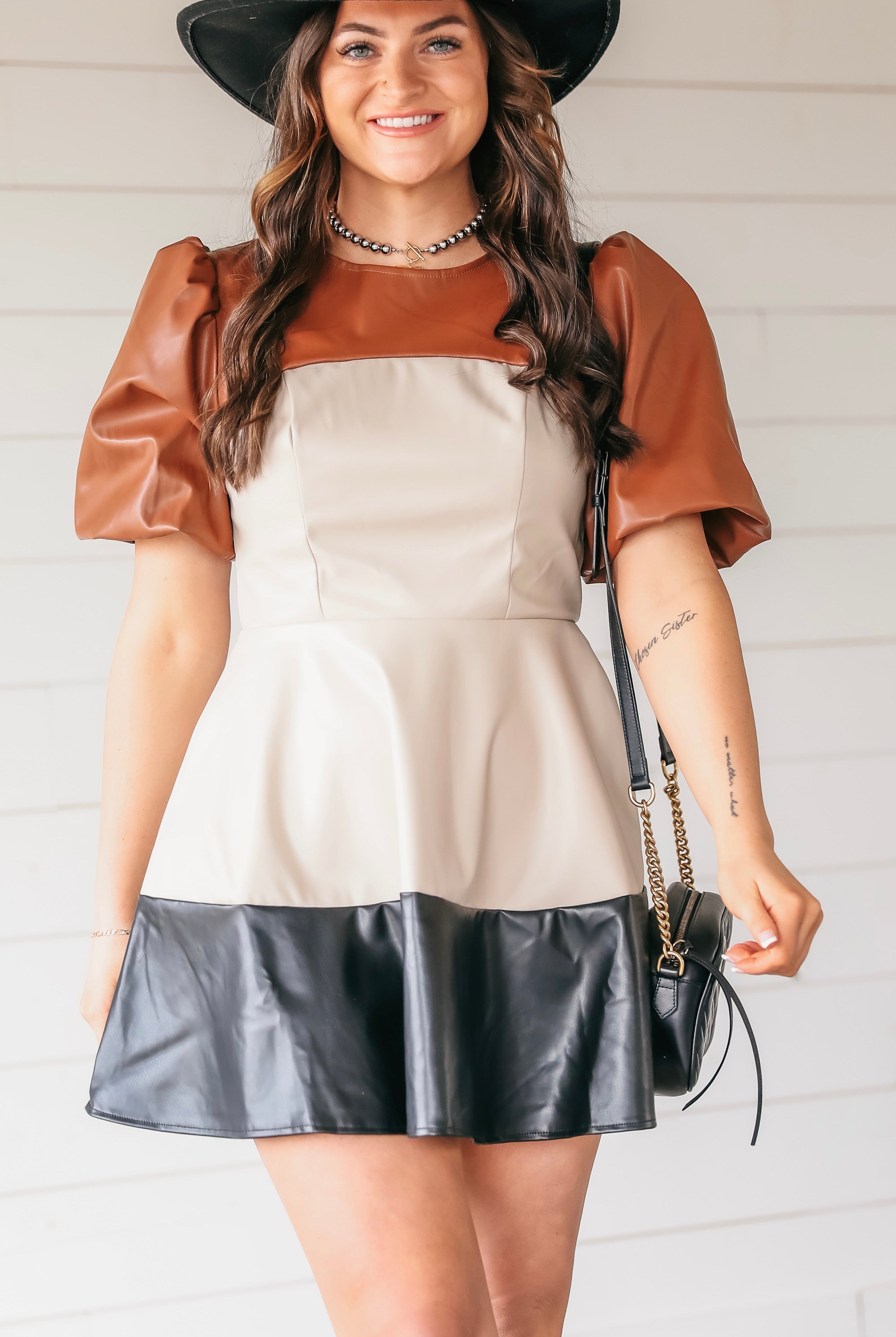 PUFF SLEEVE TIERED MINI DRESS- FAUX LEATHER - Dress