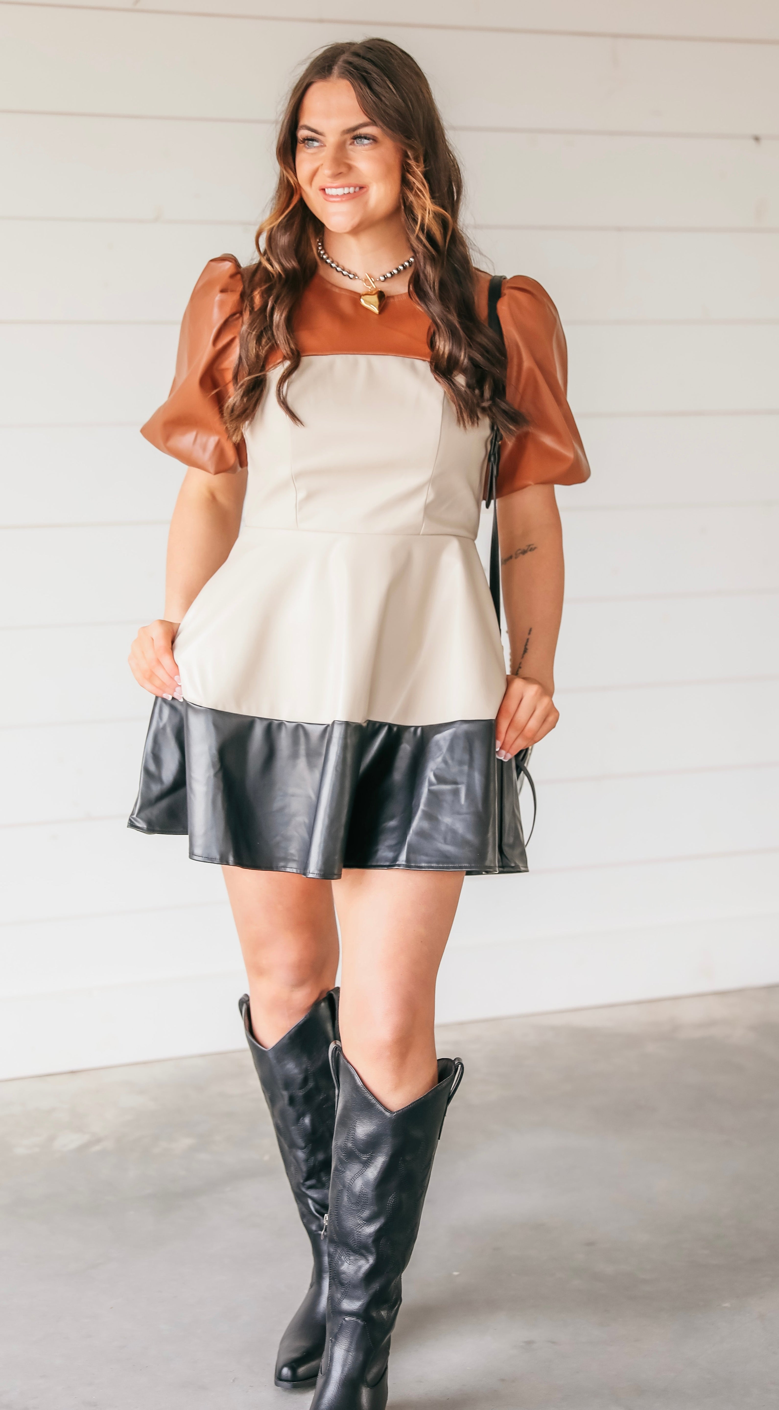 PUFF SLEEVE TIERED MINI DRESS- FAUX LEATHER - Dress