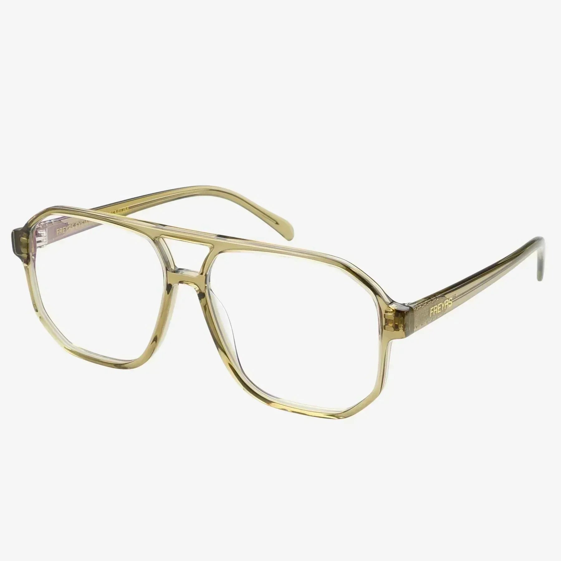 Freyrs Billie aviator-style blue light filtering glasses with clear lenses and translucent olive green frames on a white