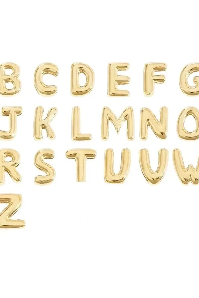 Gemelli 18k Gold Plated Initial Slide Charms A-Z, shown here arranged alphabetically on a white background.