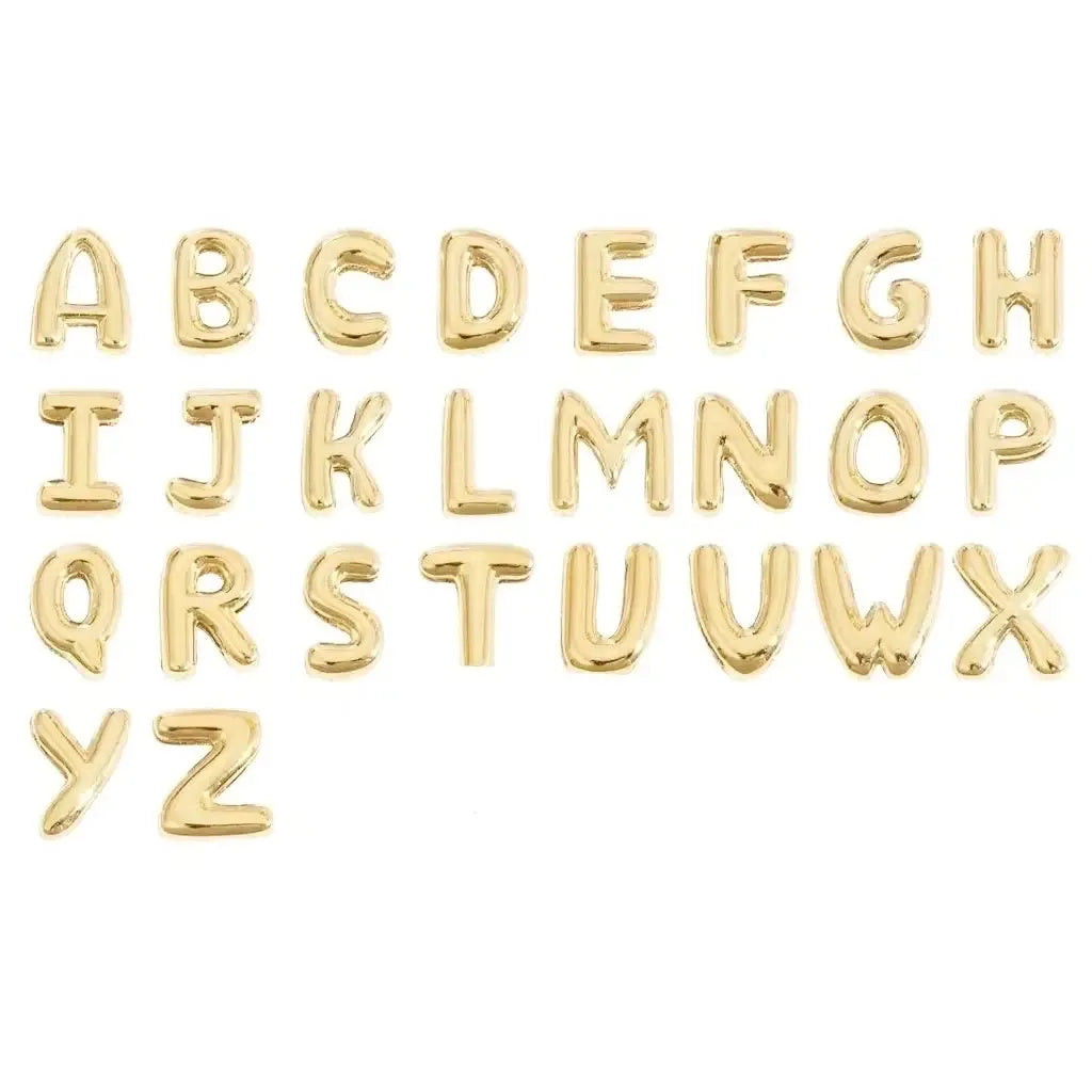 Gemelli 18k Gold Plated Initial Slide Charms A-Z, shown here arranged alphabetically on a white background.