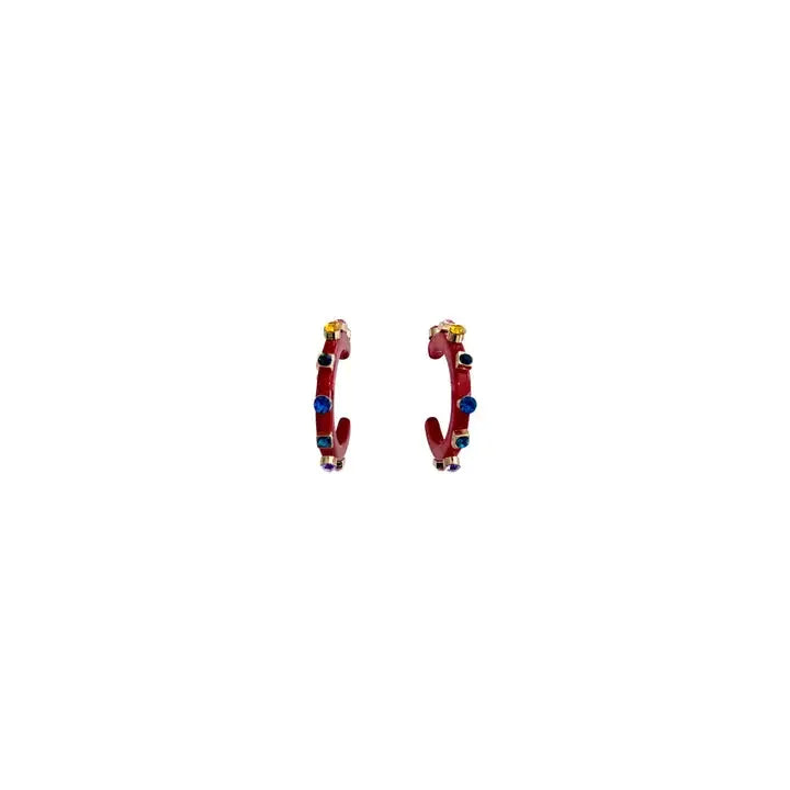 Gemelli Bohen Hoops: Red hoop earrings adorned with blue, purple, and yellow crystals.