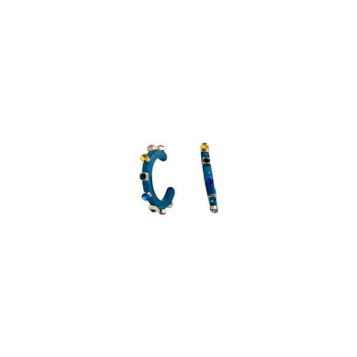Gemelli Bohen Hoops: A pair of teal hoop earrings adorned with colorful gemstones like blue, yellow, and purple.