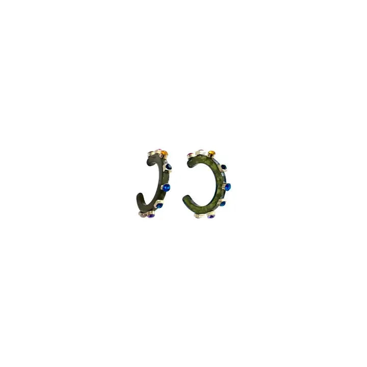 Gemelli Bohen Hoops: Pair of dark green hoop earrings, each adorned with scattered blue, purple, and amber colored gemstones.