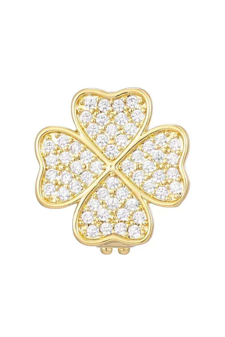 Gold plated CZ slider charm in a four-leaf clover design, encrusted with small, sparkling cubic zirconia stones.