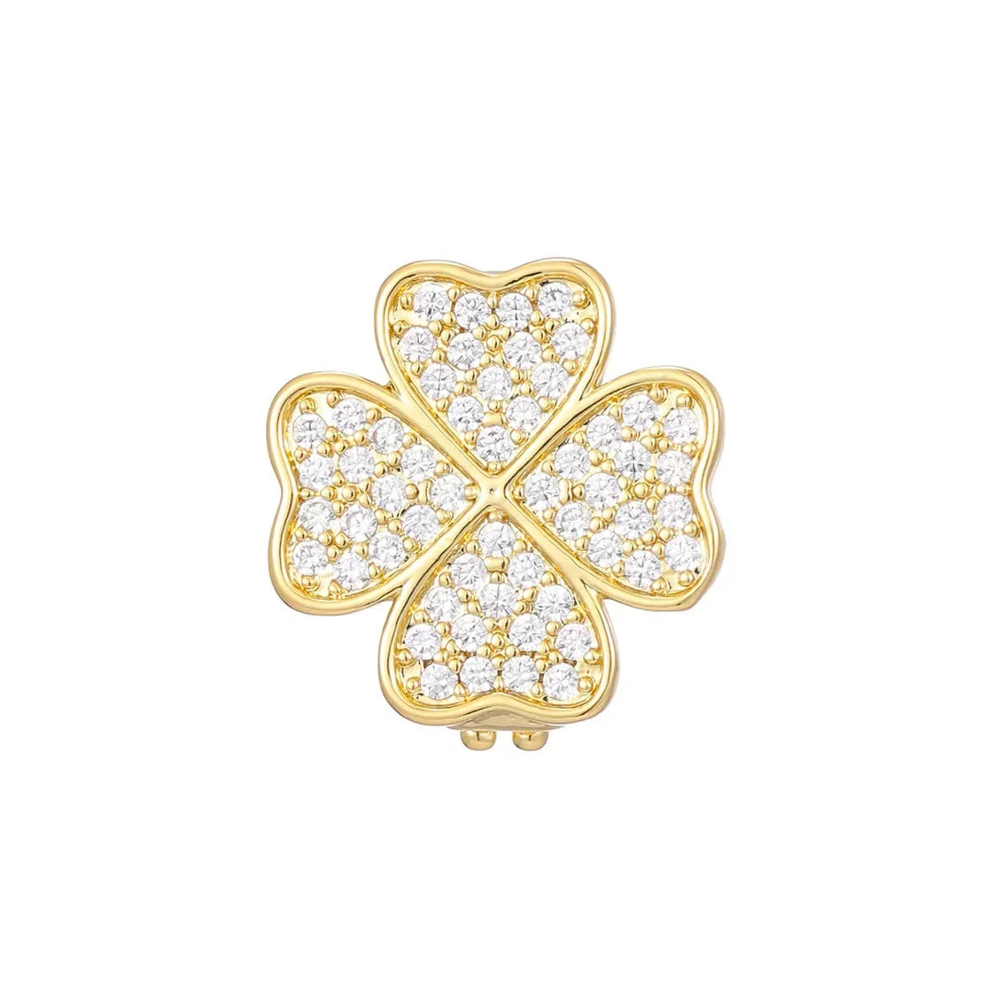 Gold plated CZ slider charm in a four-leaf clover design, encrusted with small, sparkling cubic zirconia stones.